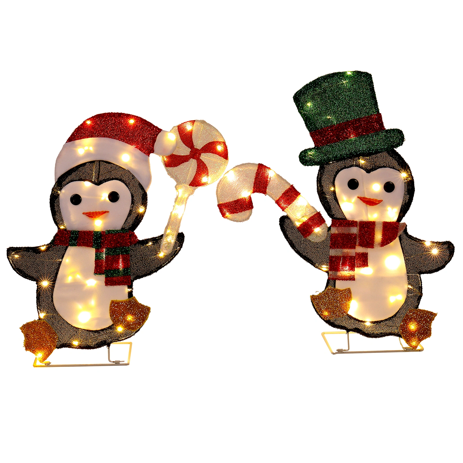 Set of 2 Lighted Penguin and Candy Cane Christmas Decorations, Pre-lit 2D Holiday Display with 80 Warm White LED Lights for Indoor Outdoor