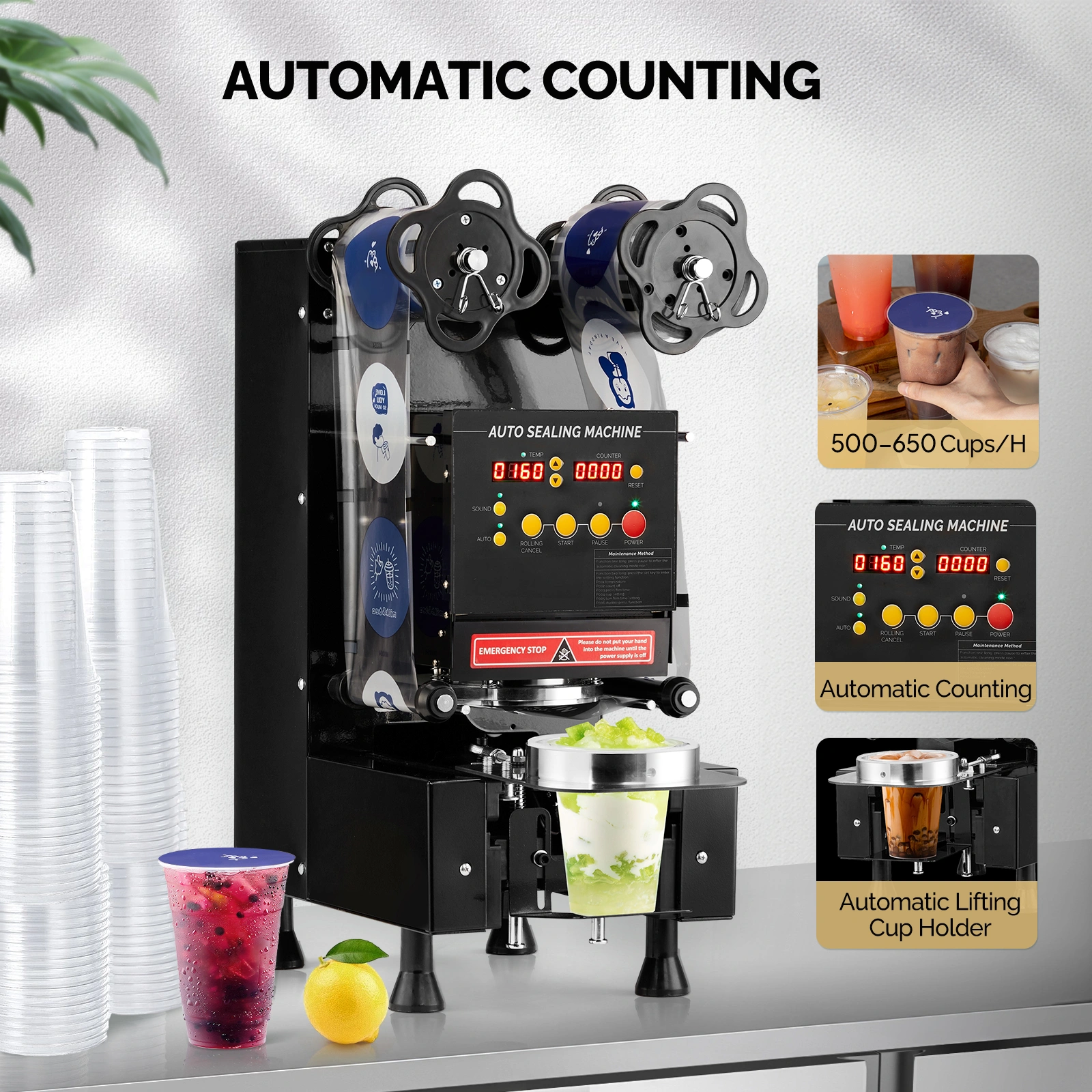Cup Sealing Machine, Full Automatic Cup Sealer Machine 88/89/90/95mm, Electric Boba Cup Sealing Machine 500-600 Cups/H with LCD Control Panel for Bubble Milk Tea view 8