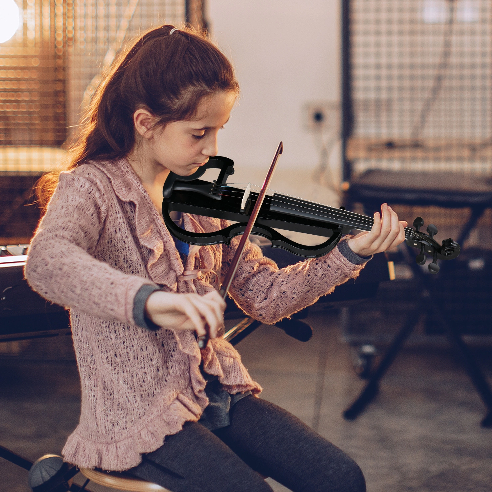 Full Size 4/4 Bunnel Edge Electric Silent Violin with Case Bow Rosin Headphone Connecting Line Black view 13