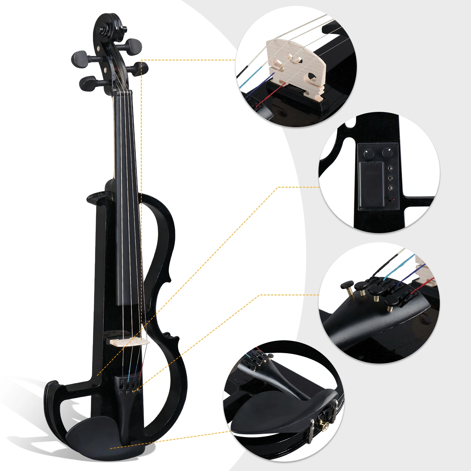 Full Size 4/4 Bunnel Edge Electric Silent Violin with Case Bow Rosin Headphone Connecting Line Black view 8
