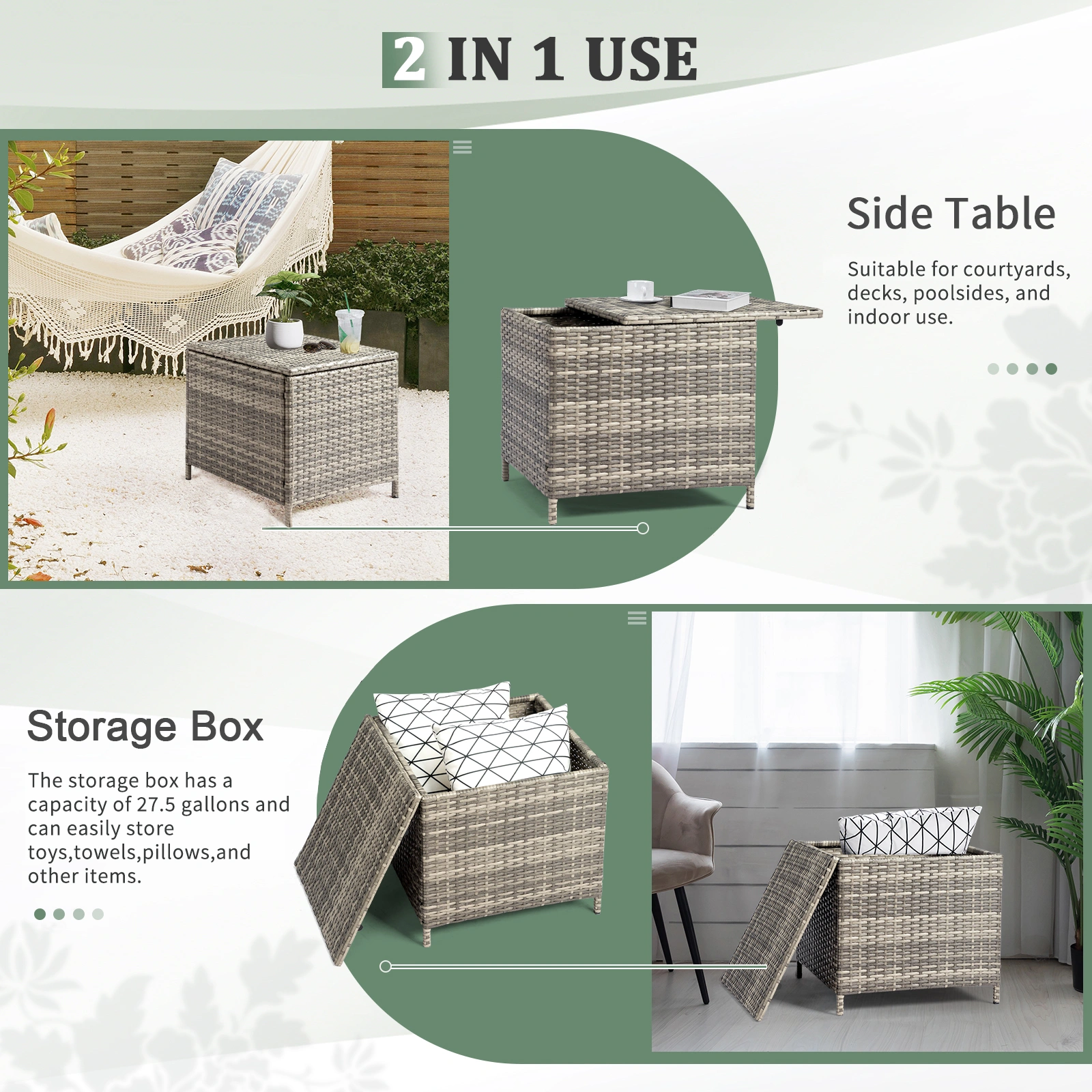 Outdoor PE Wicker Side Table with Storage, Patio Rattan End Table Square Container for Furniture Covers, Toys and Gardening Tools, Grey view 11