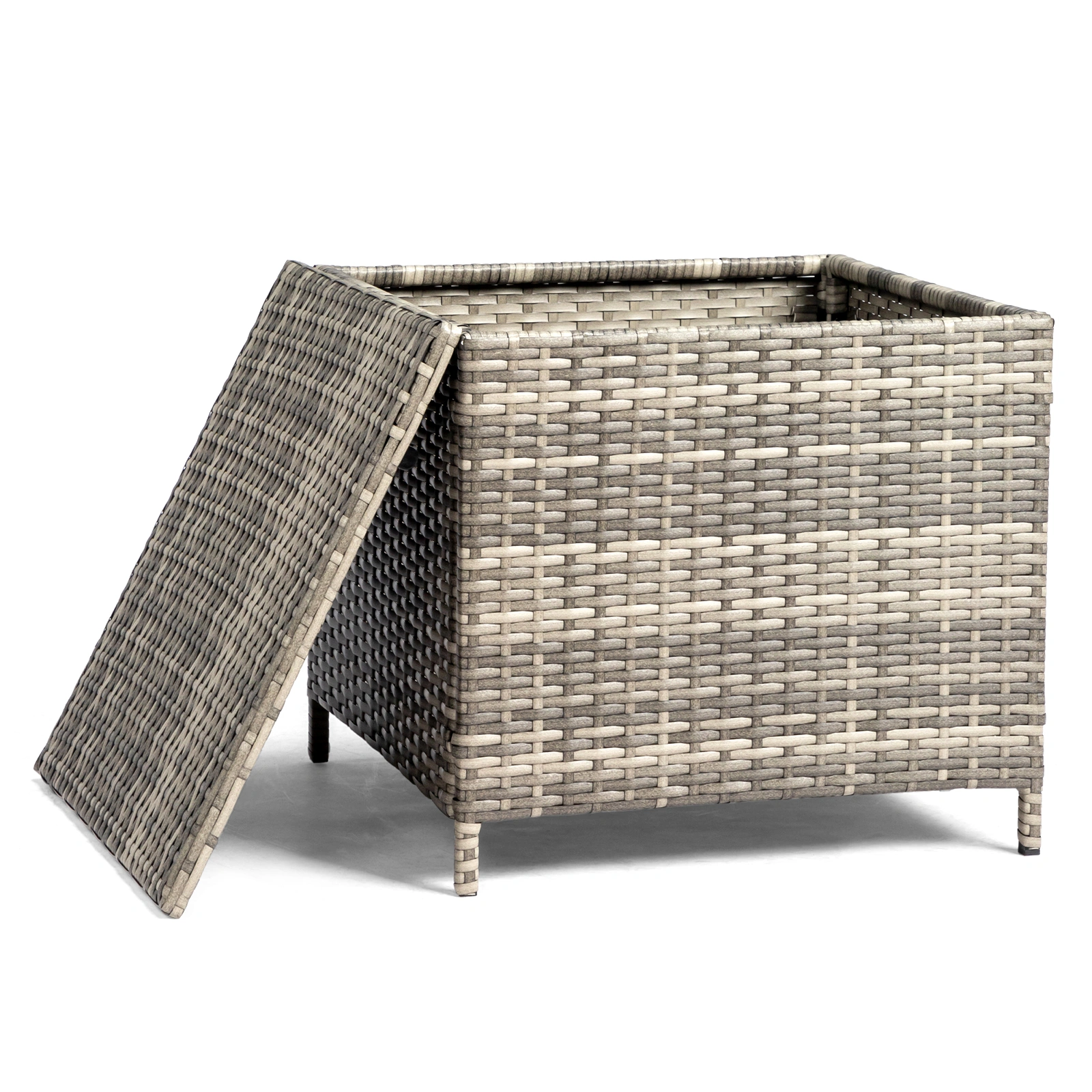 Outdoor PE Wicker Side Table with Storage, Patio Rattan End Table Square Container for Furniture Covers, Toys and Gardening Tools, Grey view 12