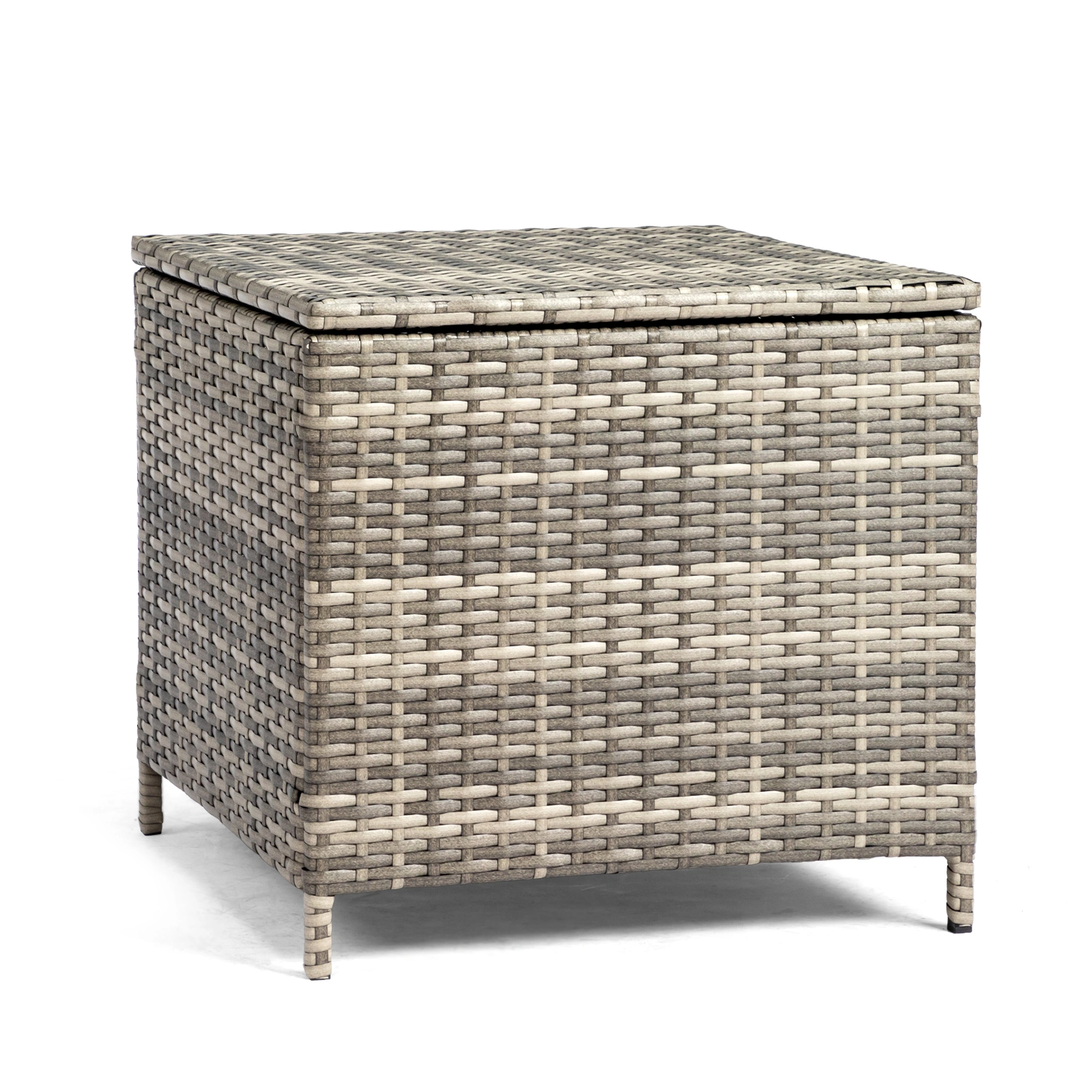 Outdoor PE Wicker Side Table with Storage, Patio Rattan End Table Square Container for Furniture Covers, Toys and Gardening Tools, Grey view 14