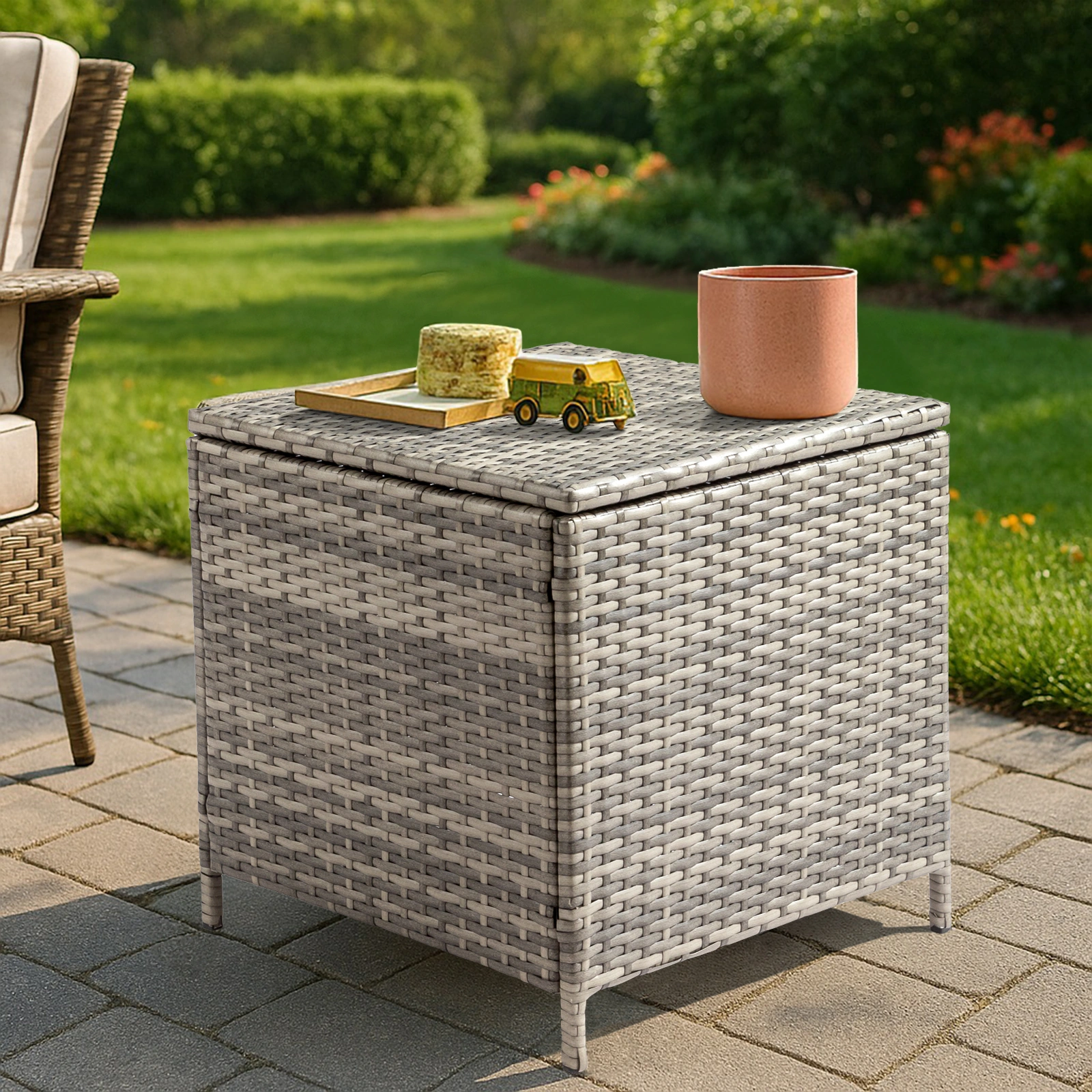 Outdoor PE Wicker Side Table with Storage, Patio Rattan End Table Square Container for Furniture Covers, Toys and Gardening Tools, Grey view 2