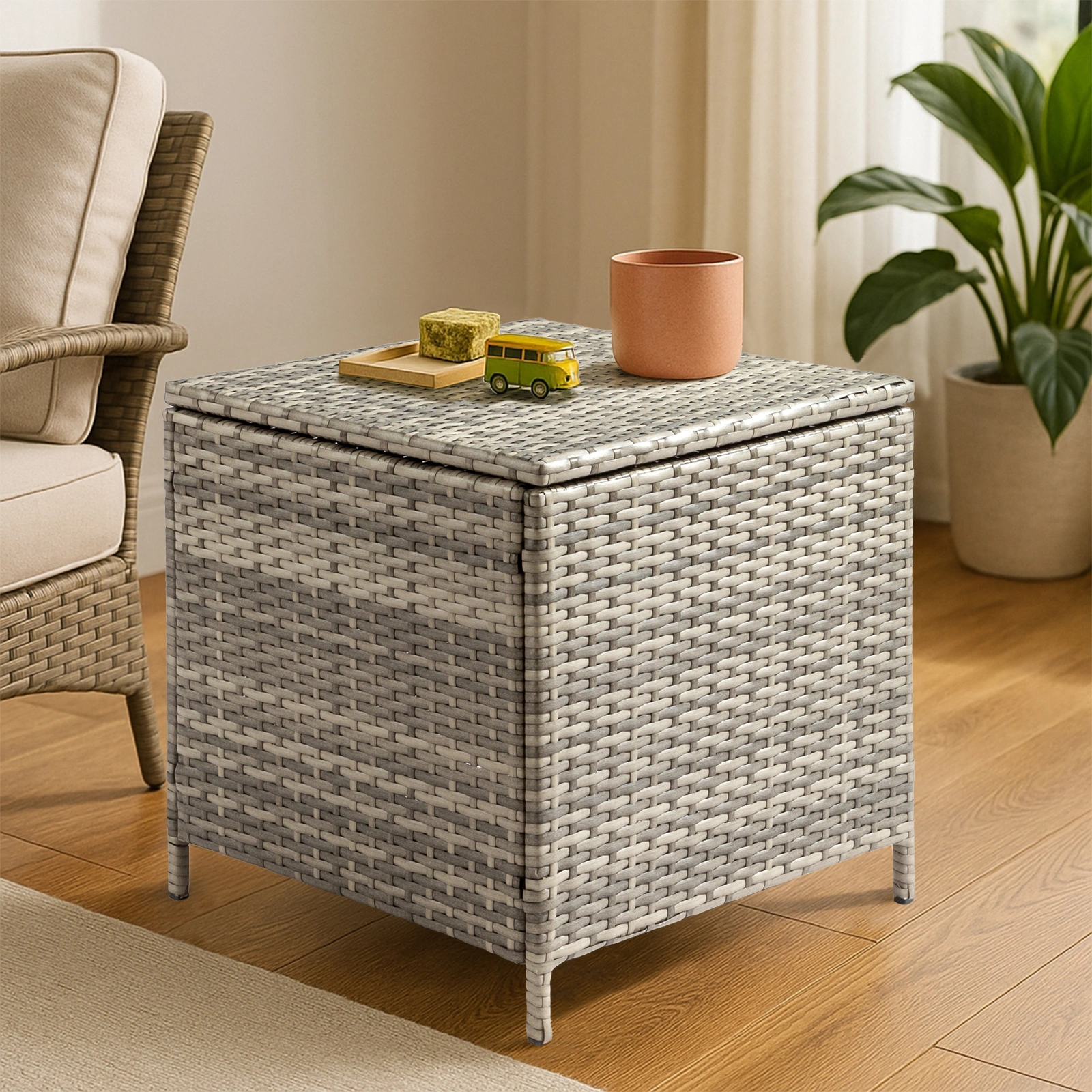 Outdoor PE Wicker Side Table with Storage, Patio Rattan End Table Square Container for Furniture Covers, Toys and Gardening Tools, Grey view 6