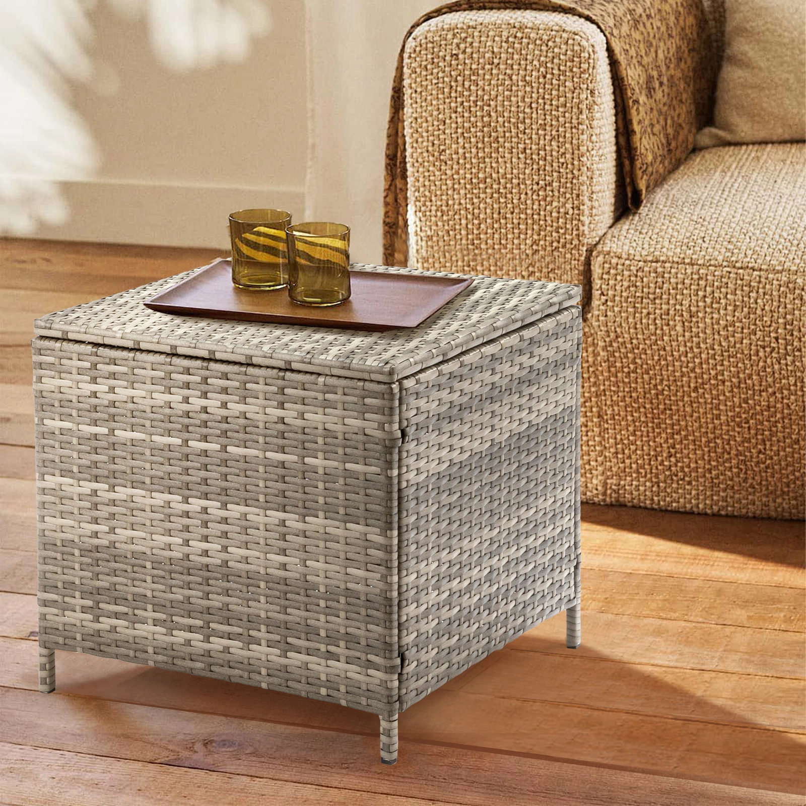 Outdoor PE Wicker Side Table with Storage, Patio Rattan End Table Square Container for Furniture Covers, Toys and Gardening Tools, Grey view 7