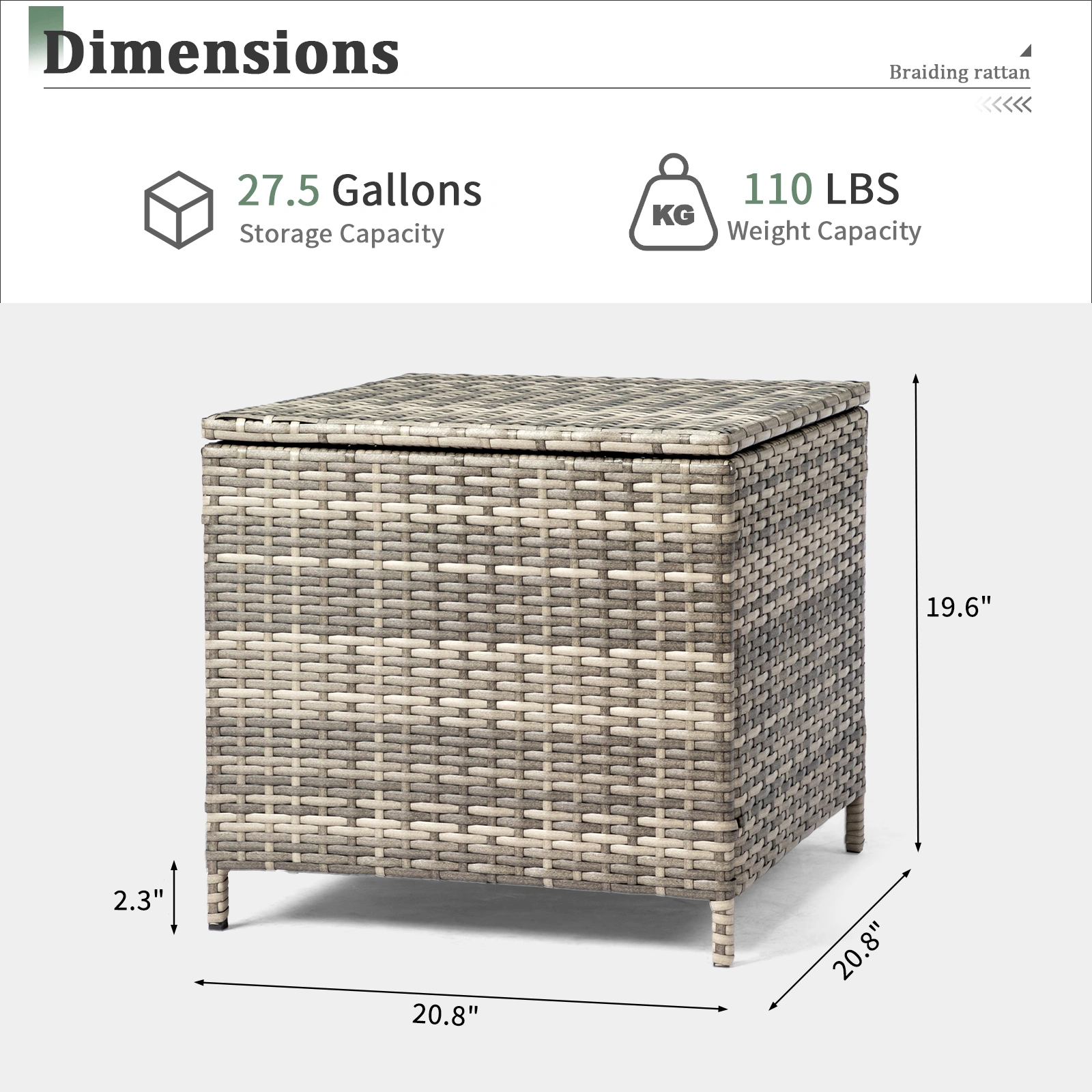 Outdoor PE Wicker Side Table with Storage, Patio Rattan End Table Square Container for Furniture Covers, Toys and Gardening Tools, Grey view 8