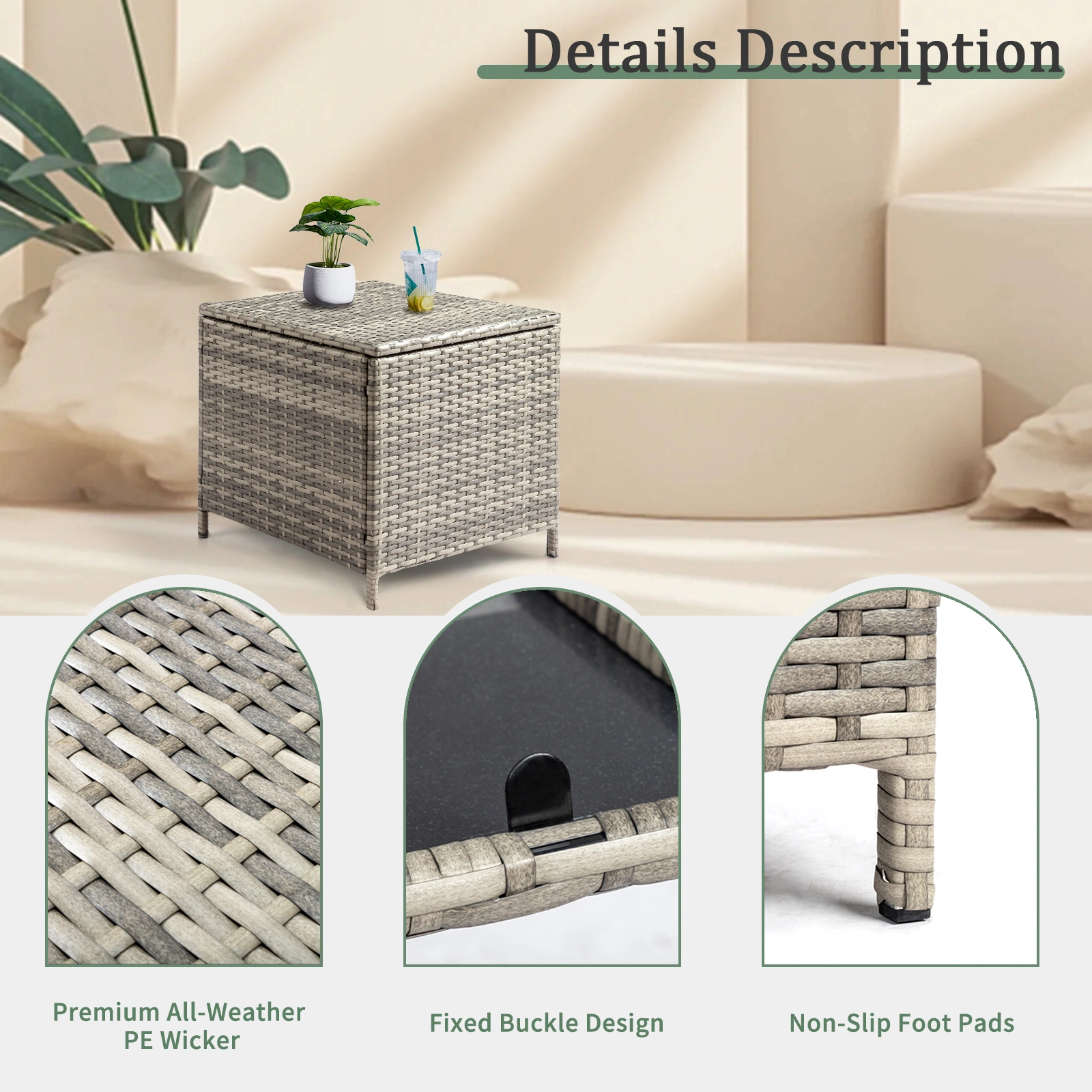 Outdoor PE Wicker Side Table with Storage, Patio Rattan End Table Square Container for Furniture Covers, Toys and Gardening Tools, Grey view 9