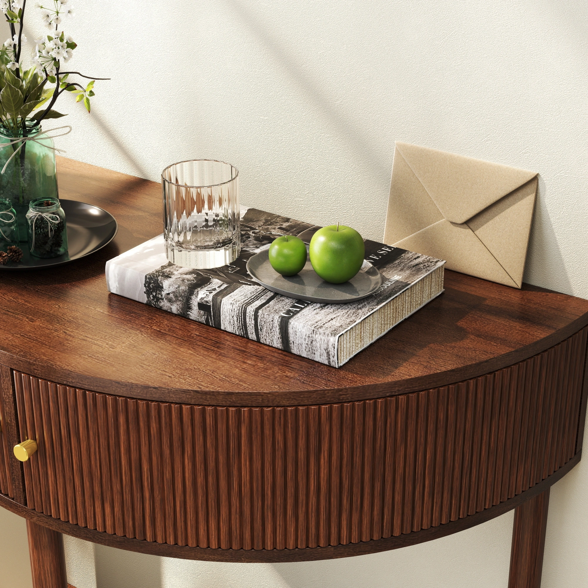 Demi Lune Console Table, Wave Pattern Half Moon End Table with 2 Drawers & Bottom Shelf, Brown Woodgrain Entryway Table for Living Room Bedroom Hallway view 10