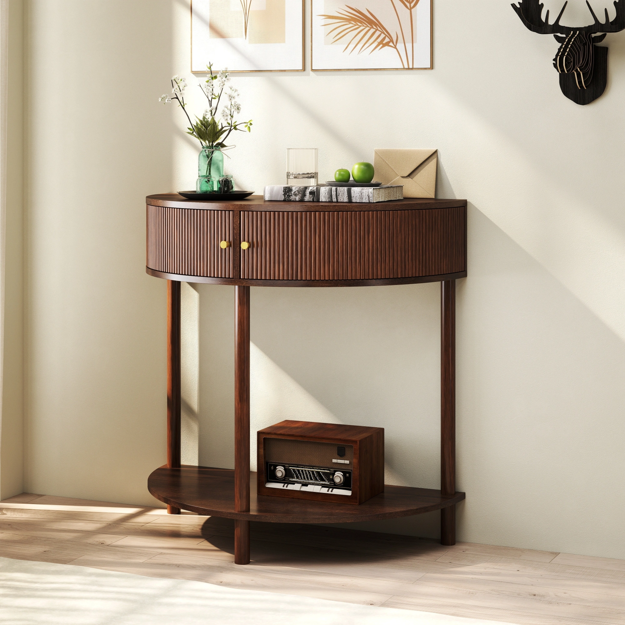Demi Lune Console Table, Wave Pattern Half Moon End Table with 2 Drawers & Bottom Shelf, Brown Woodgrain Entryway Table for Living Room Bedroom Hallway view 14