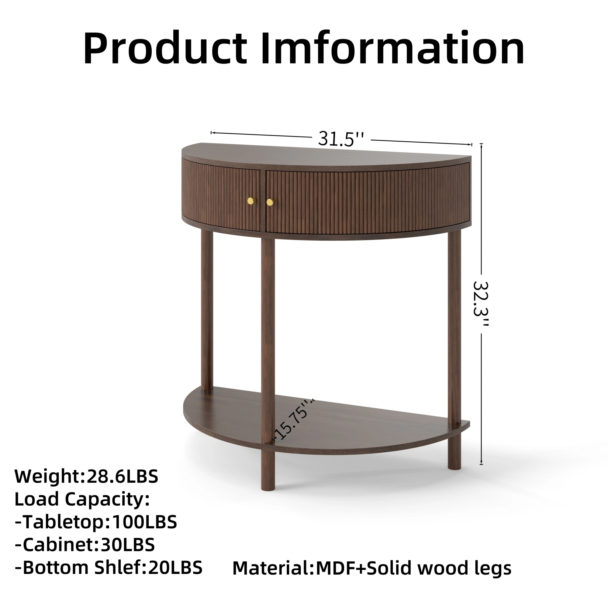 Demi Lune Console Table, Wave Pattern Half Moon End Table with 2 Drawers & Bottom Shelf, Brown Woodgrain Entryway Table for Living Room Bedroom Hallway view 2