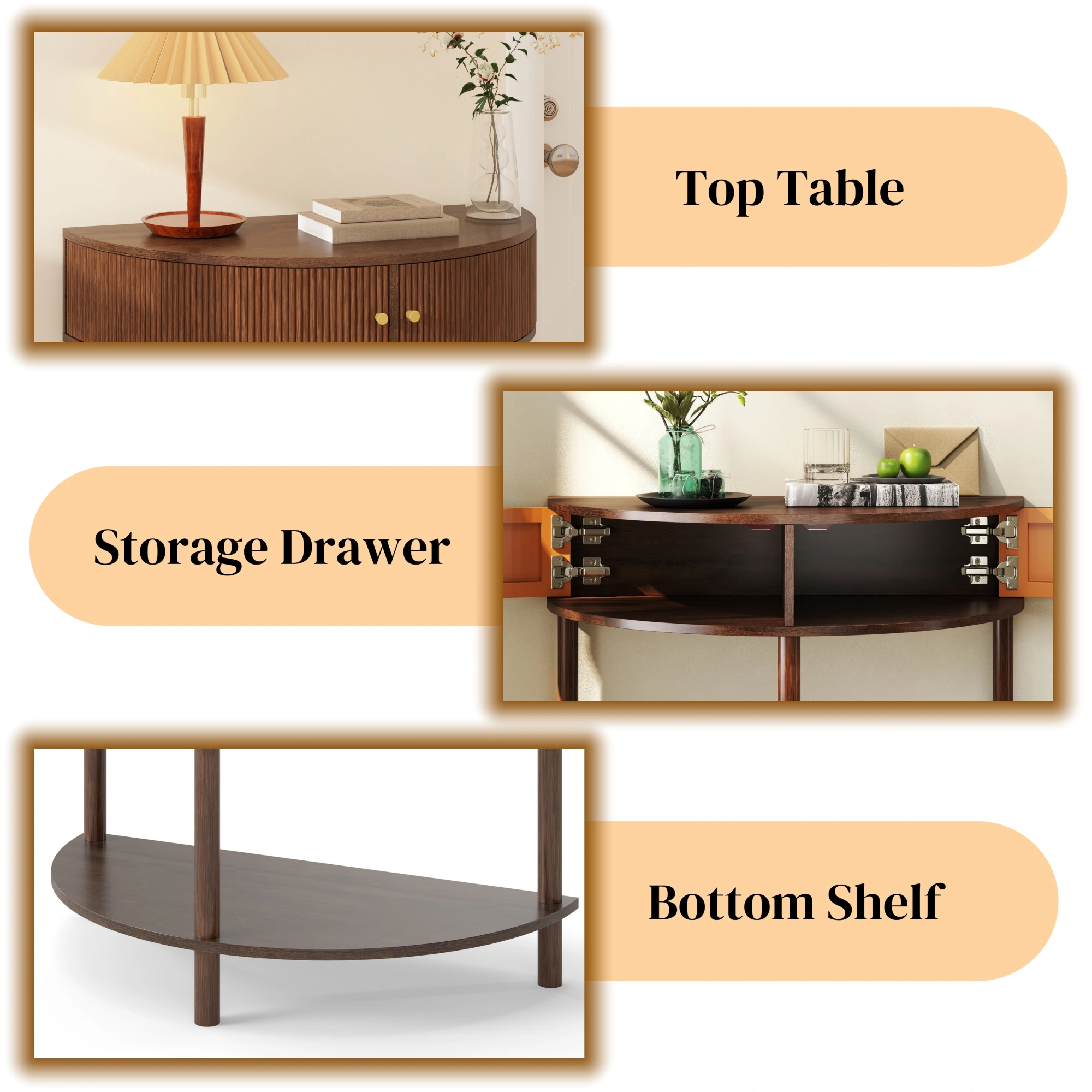 Demi Lune Console Table, Wave Pattern Half Moon End Table with 2 Drawers & Bottom Shelf, Brown Woodgrain Entryway Table for Living Room Bedroom Hallway view 3