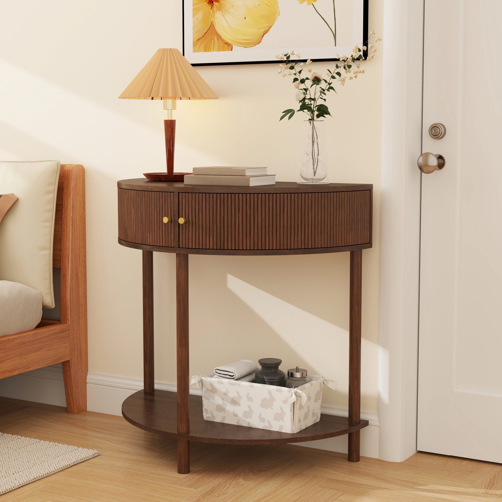 Demi Lune Console Table, Wave Pattern Half Moon End Table with 2 Drawers & Bottom Shelf, Brown Woodgrain Entryway Table for Living Room Bedroom Hallway view 5