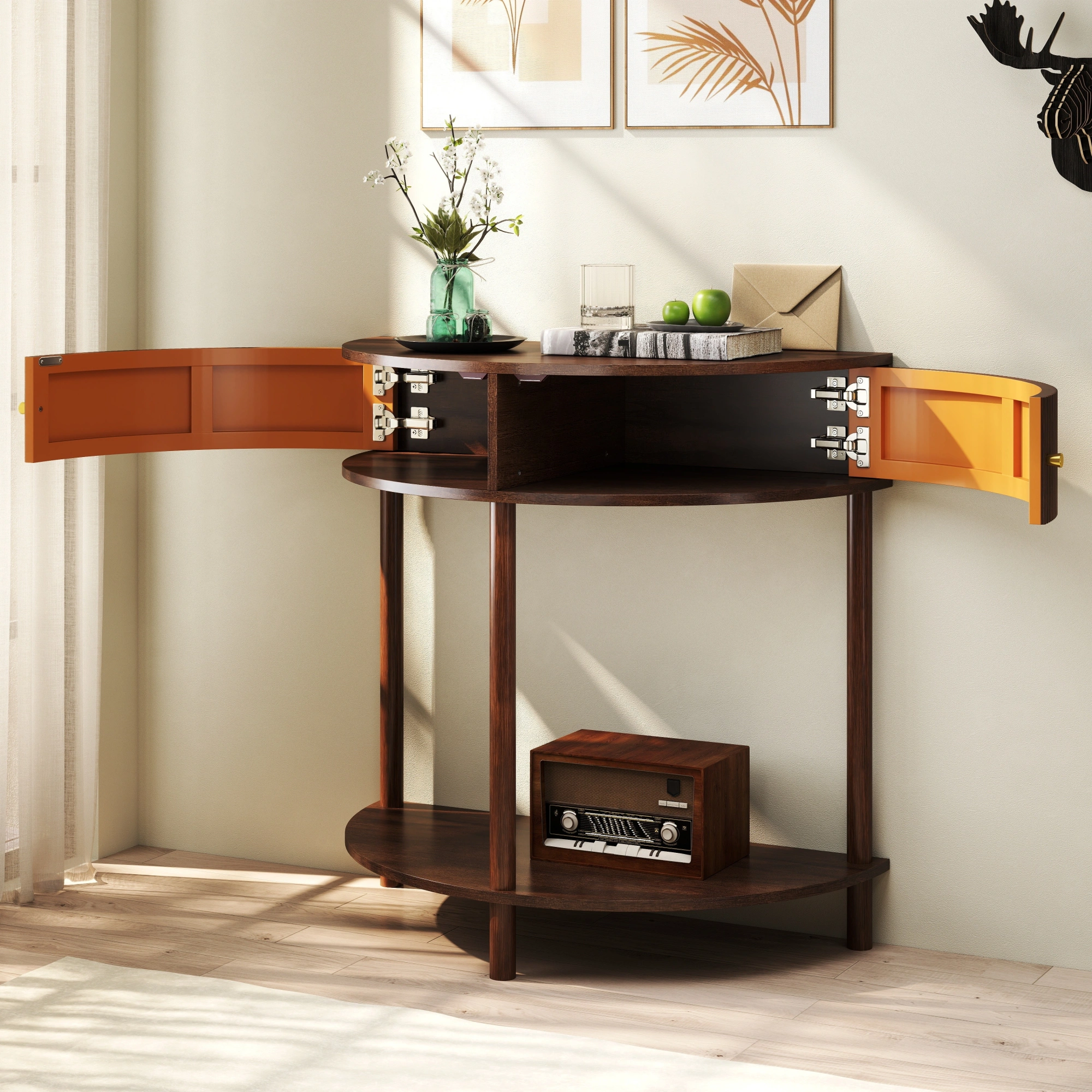 Demi Lune Console Table, Wave Pattern Half Moon End Table with 2 Drawers & Bottom Shelf, Brown Woodgrain Entryway Table for Living Room Bedroom Hallway view 9
