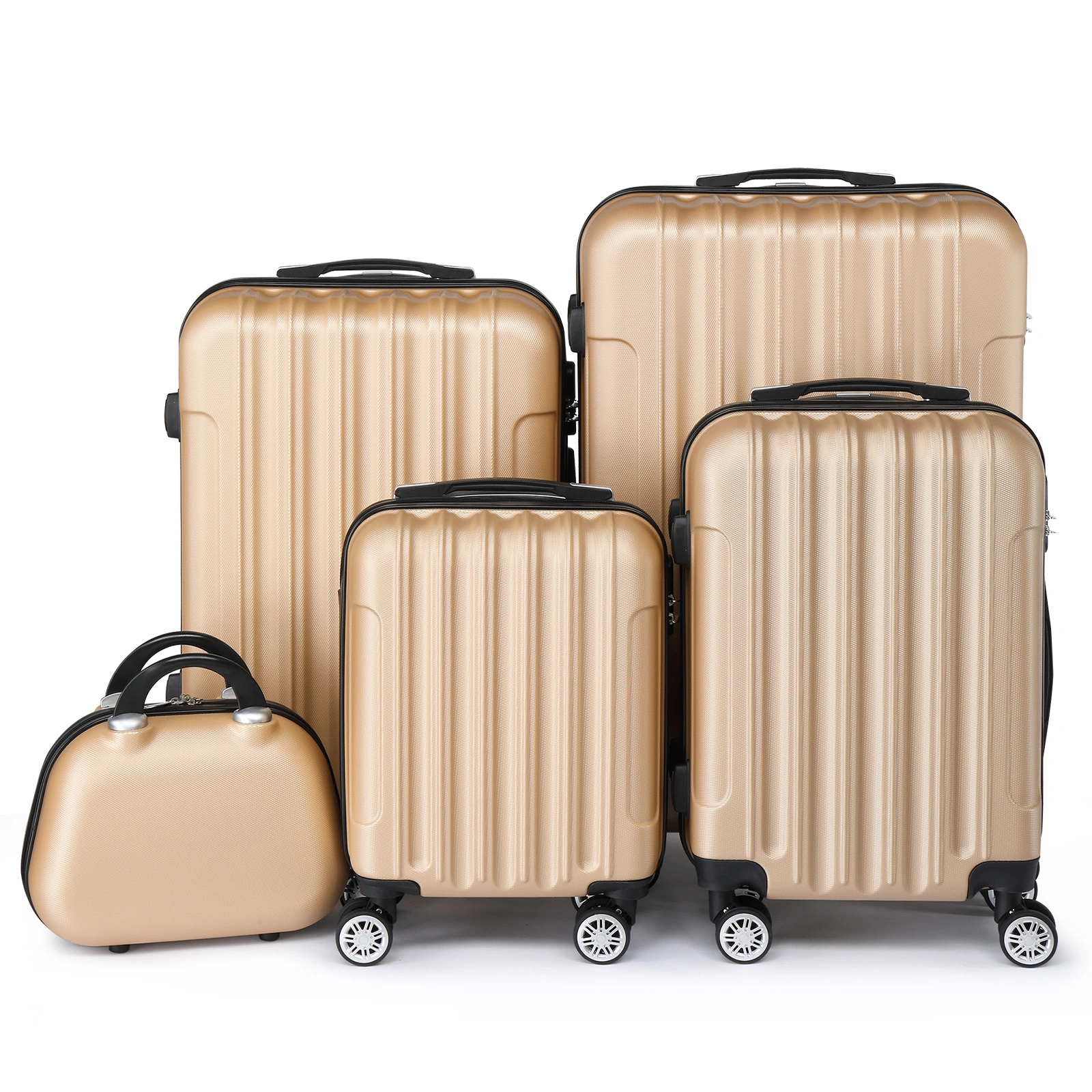 5 Piece ABS Hard Shell Suitcase Set with Vanity Case, Travel Luggage Set with Cosmetic Bag - Champagne Gold view 3