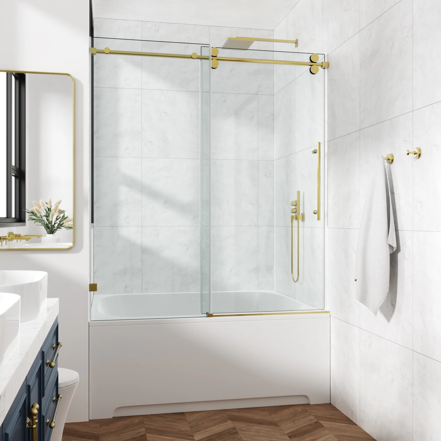 60x76 Inch Frameless Fixed & Sliding Shower Door - 3/8" (10mm) SGCC Tempered Glass, Clear, Stainless Steel Round Tube Hardware