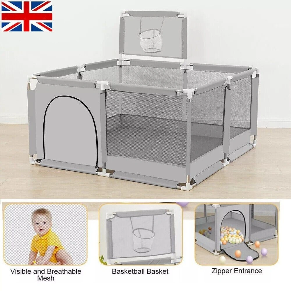 Large Portable Kids Playpen with Basketball Hoop - Grey Outdoor Safety Activity Center UK view 2
