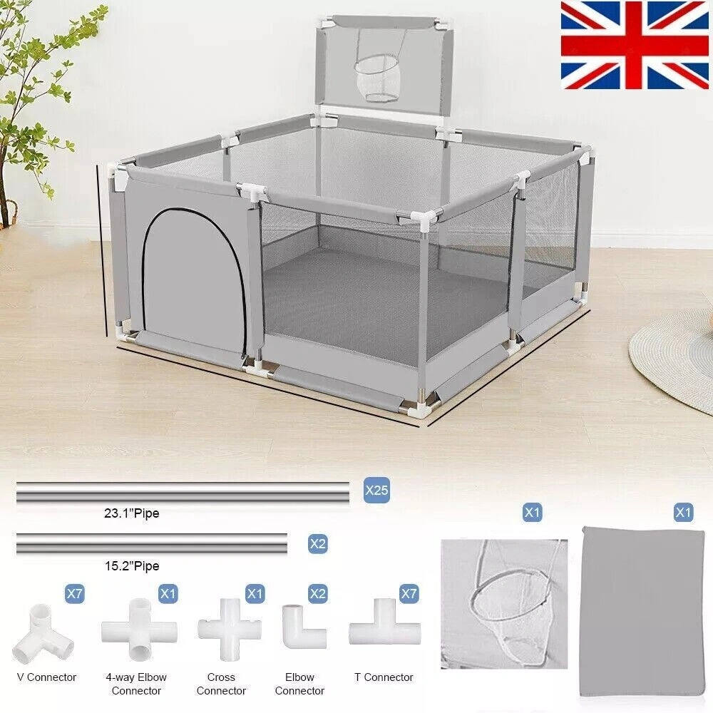 Large Portable Kids Playpen with Basketball Hoop - Grey Outdoor Safety Activity Center UK view 3