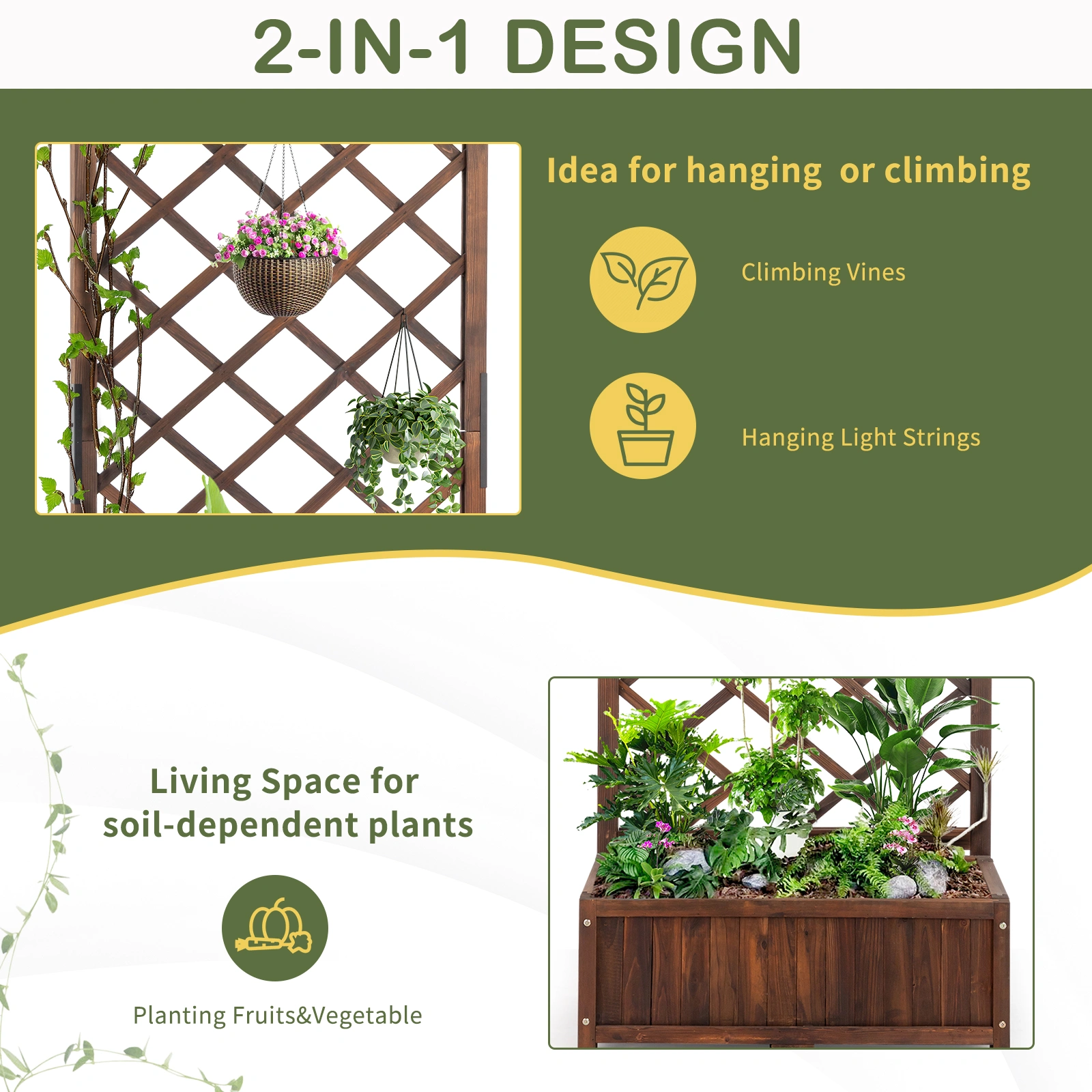 Wood Planter Raised Garden Bed with Trellis, 67 Inch Height Outdoor Garden Flower Standing Planter Box Lattice Panels with Planter for Patio Porch with Drainage Holes, Brown view 10