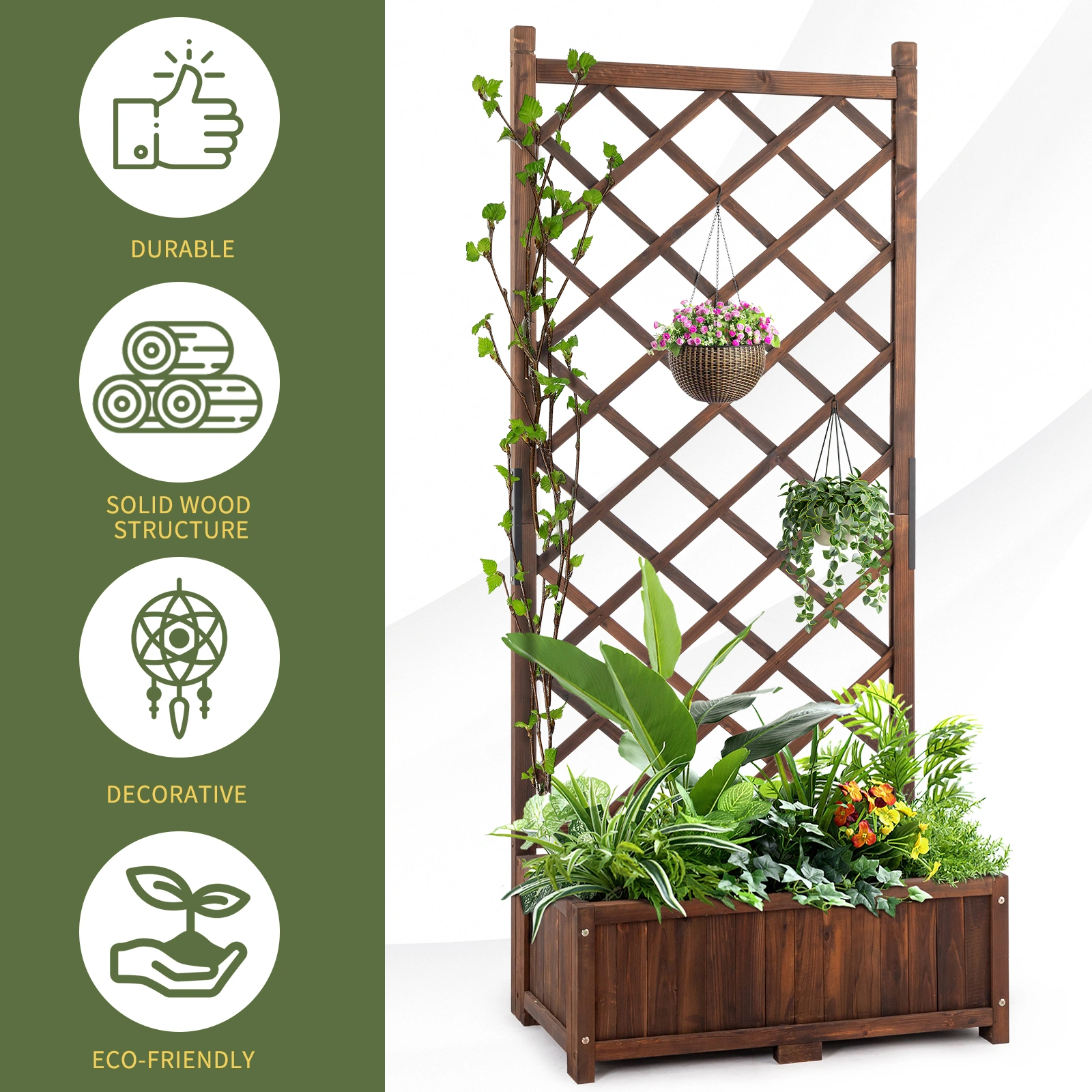 Wood Planter Raised Garden Bed with Trellis, 67 Inch Height Outdoor Garden Flower Standing Planter Box Lattice Panels with Planter for Patio Porch with Drainage Holes, Brown view 12