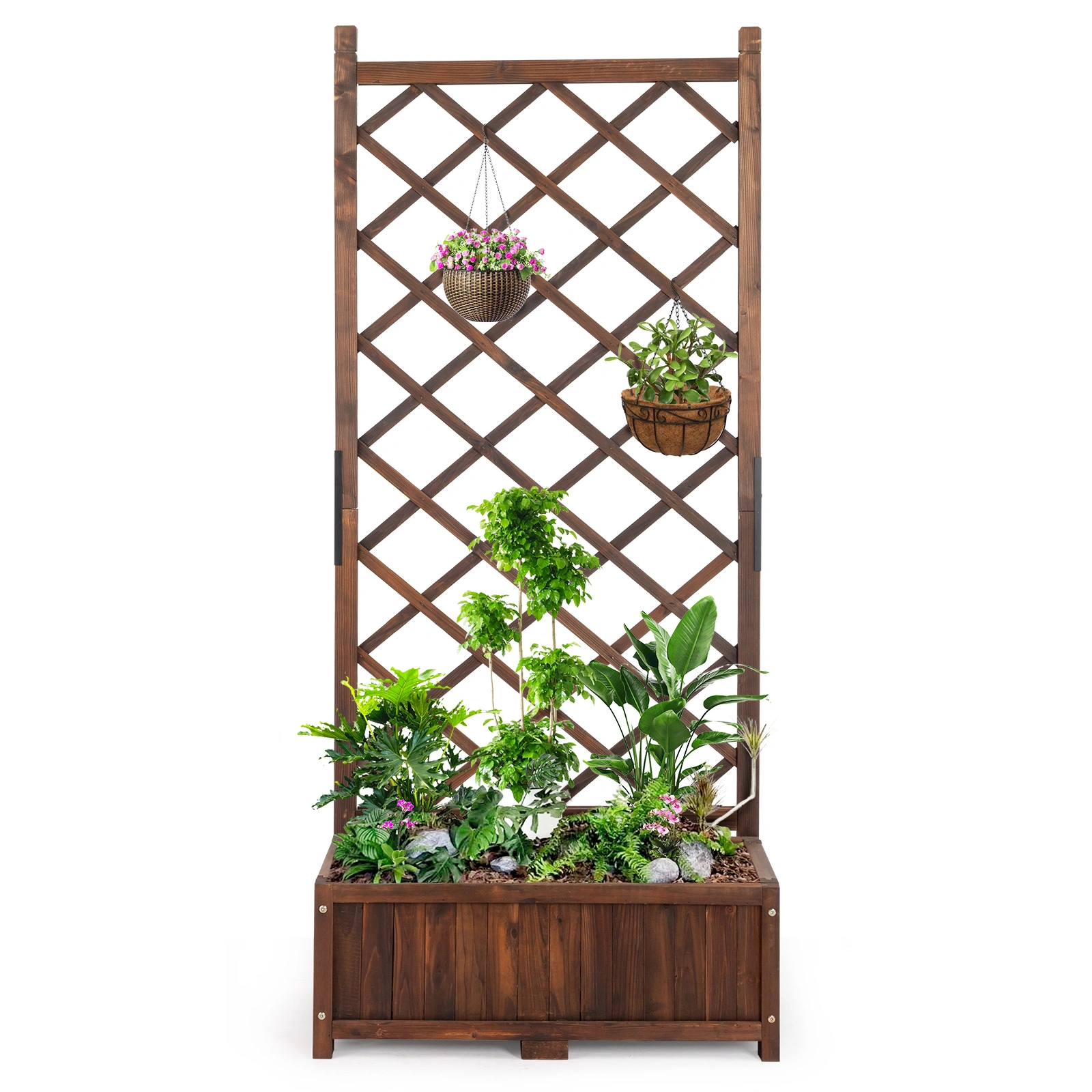 Wood Planter Raised Garden Bed with Trellis, 67 Inch Height Outdoor Garden Flower Standing Planter Box Lattice Panels with Planter for Patio Porch with Drainage Holes, Brown view 14
