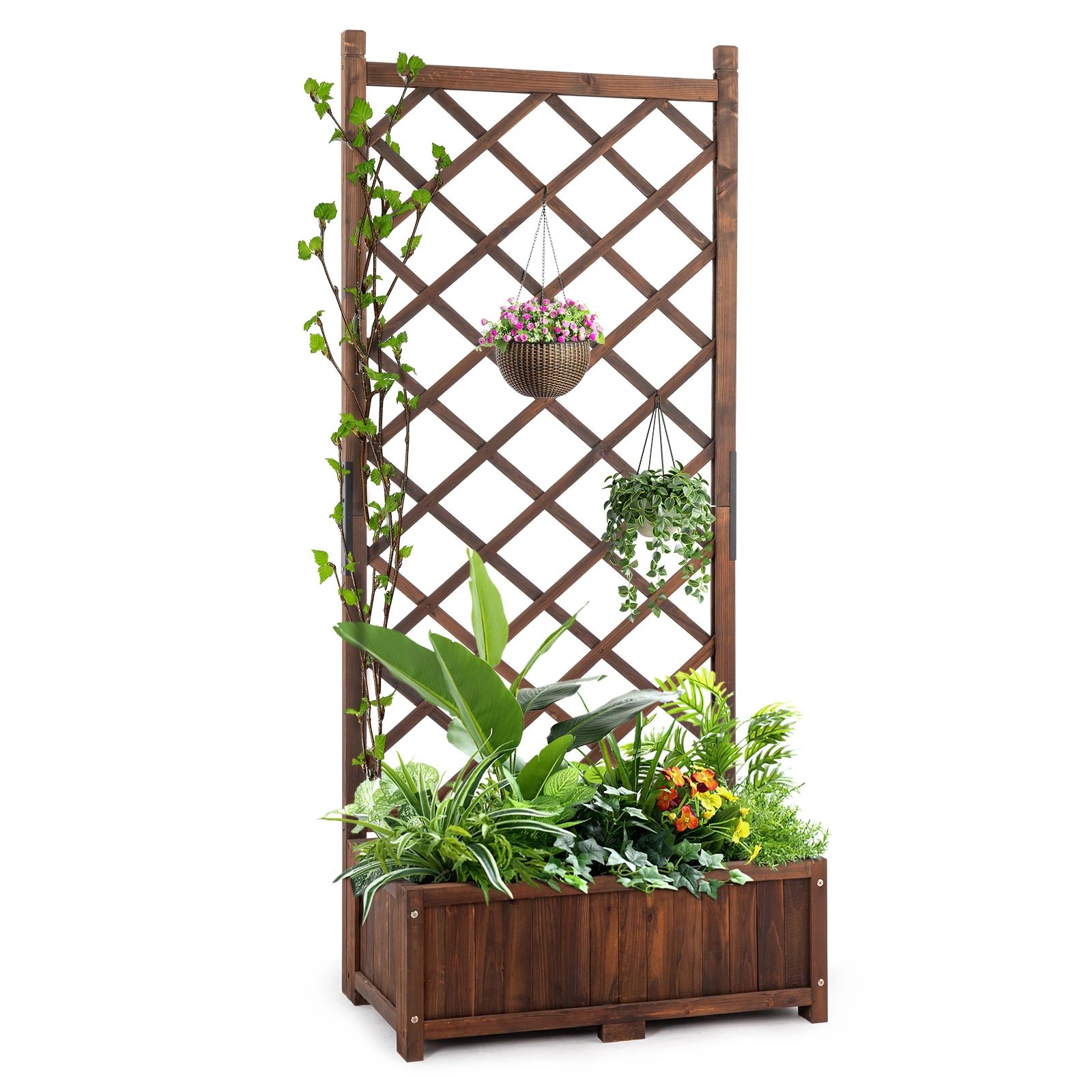 Wood Planter Raised Garden Bed with Trellis, 67 Inch Height Outdoor Garden Flower Standing Planter Box Lattice Panels with Planter for Patio Porch with Drainage Holes, Brown view 15