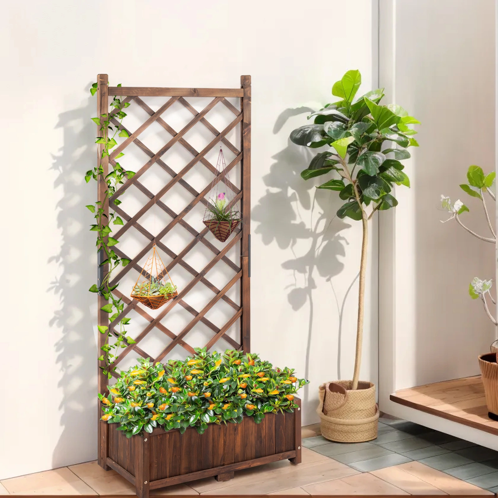 Wood Planter Raised Garden Bed with Trellis, 67 Inch Height Outdoor Garden Flower Standing Planter Box Lattice Panels with Planter for Patio Porch with Drainage Holes, Brown view 7