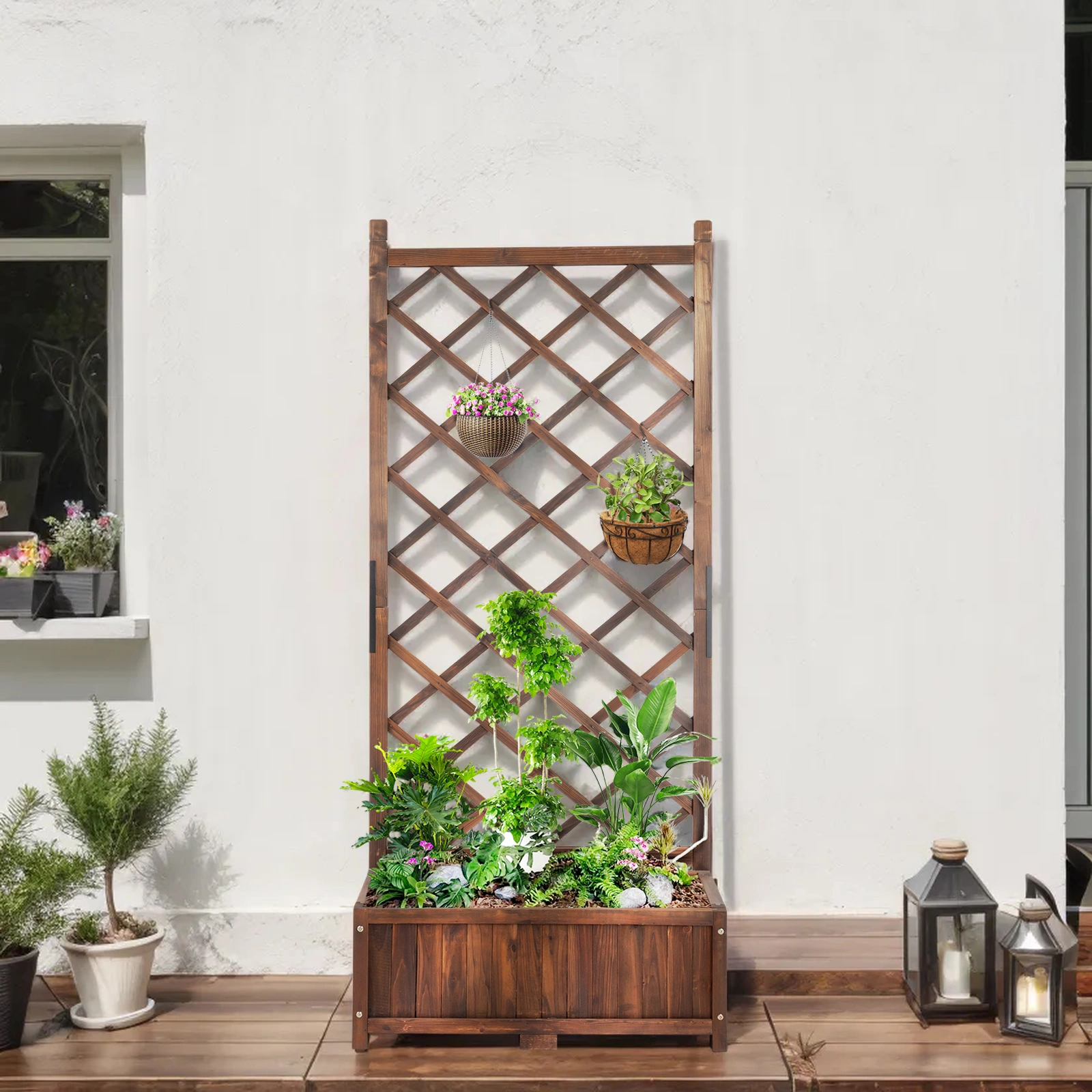 Wood Planter Raised Garden Bed with Trellis, 67 Inch Height Outdoor Garden Flower Standing Planter Box Lattice Panels with Planter for Patio Porch with Drainage Holes, Brown view 8