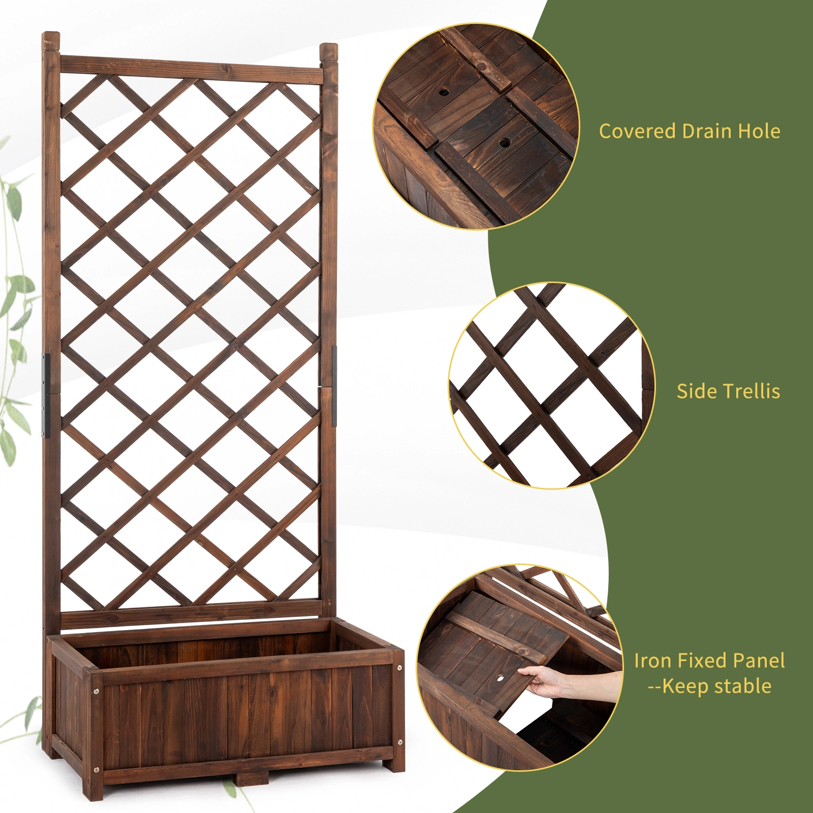 Wood Planter Raised Garden Bed with Trellis, 67 Inch Height Outdoor Garden Flower Standing Planter Box Lattice Panels with Planter for Patio Porch with Drainage Holes, Brown view 9