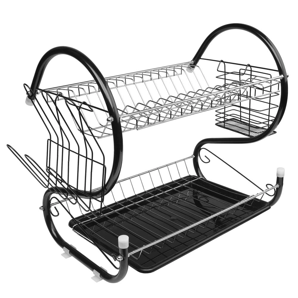 Multifunctional S-shaped Dual Layers Bowls & Dishes & Chopsticks & Spoons Collection Shelf Dish Drai Black view 2
