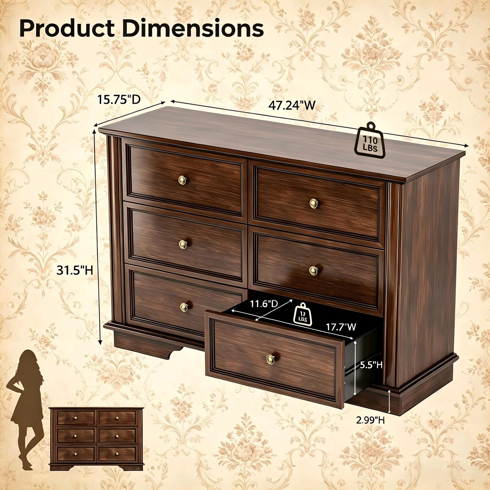 6-Drawer Dresser Chest Brown, Double Row Painted MDF Storage Unit, 47.24x15.75x31.5in Bedroom Organizer with 6 Drawers view 3