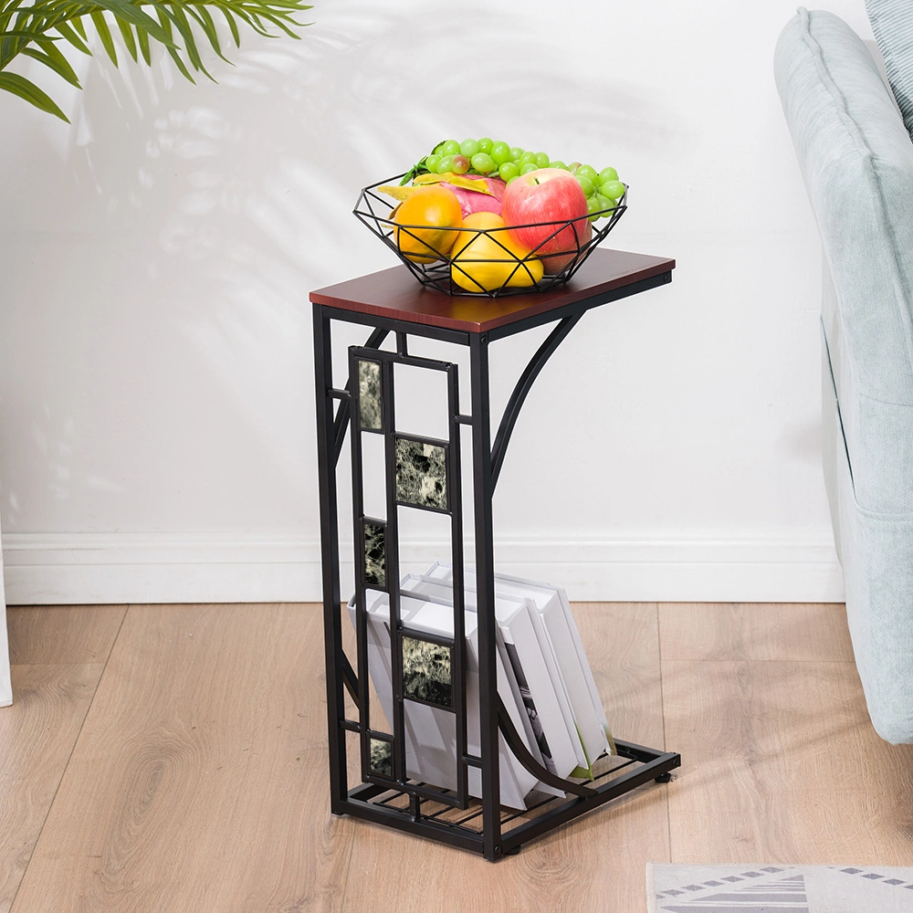 C-Shaped End Table 30.5x21x54cm with Gravel Pattern Brown Top & Black Powder-Coated Base view 16