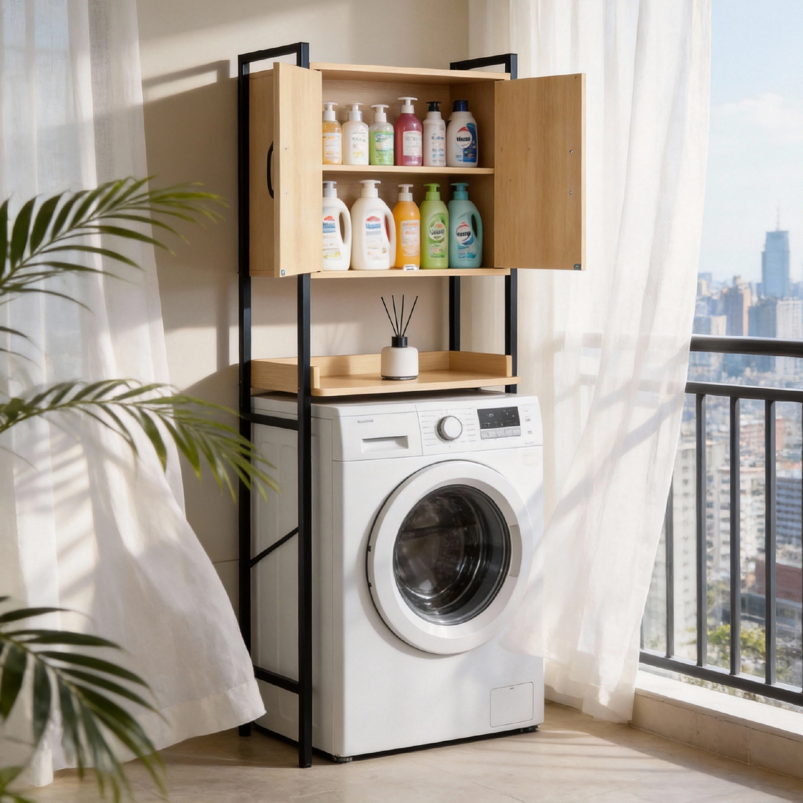 Wood grain embossed design, MDF melamine veneer with square tubing, 64.5*30*171cm, double doors, one shelf, toilet cabinet