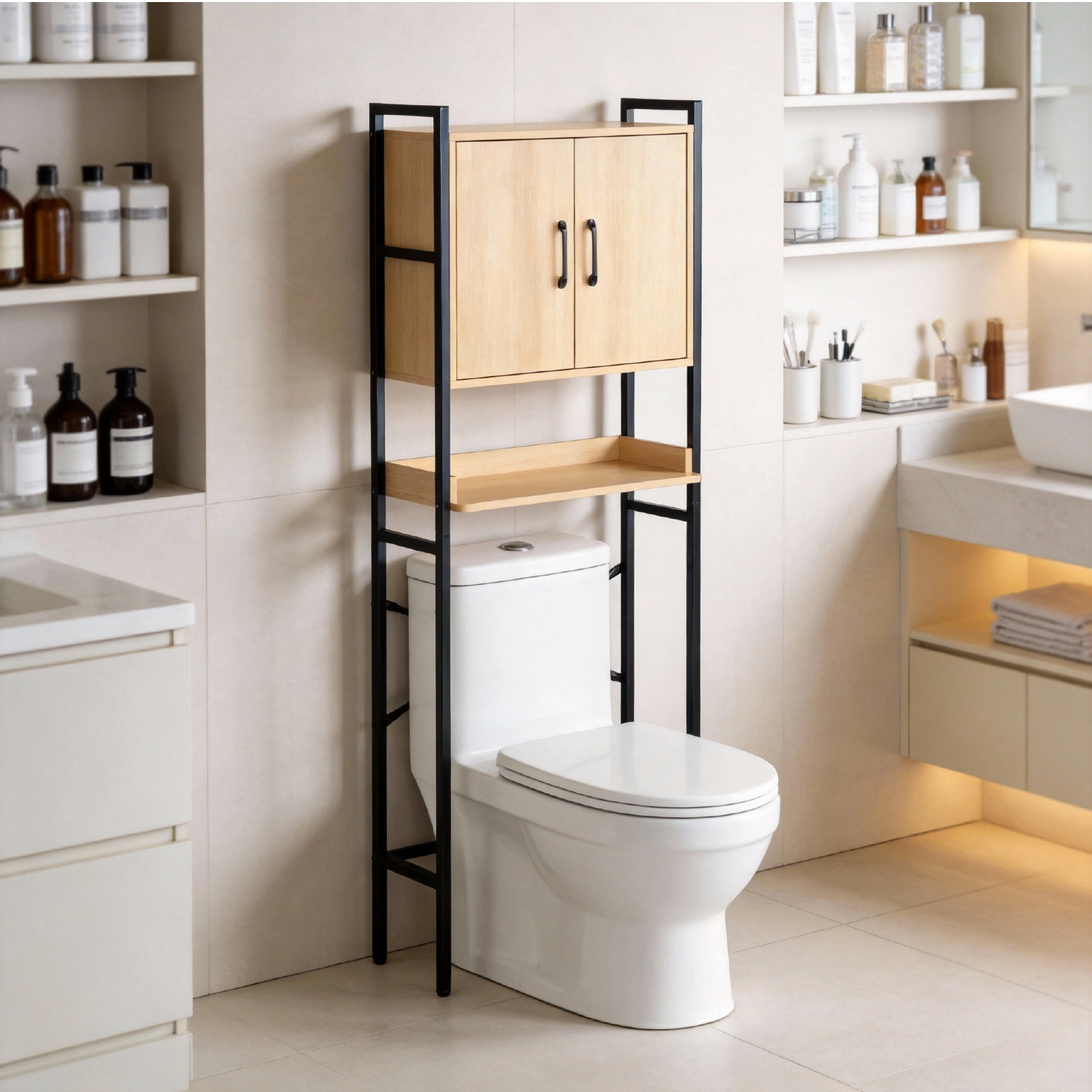Wood grain embossed design, MDF melamine veneer with square tubing, 64.5*30*171cm, double doors, one shelf, toilet cabinet view 7
