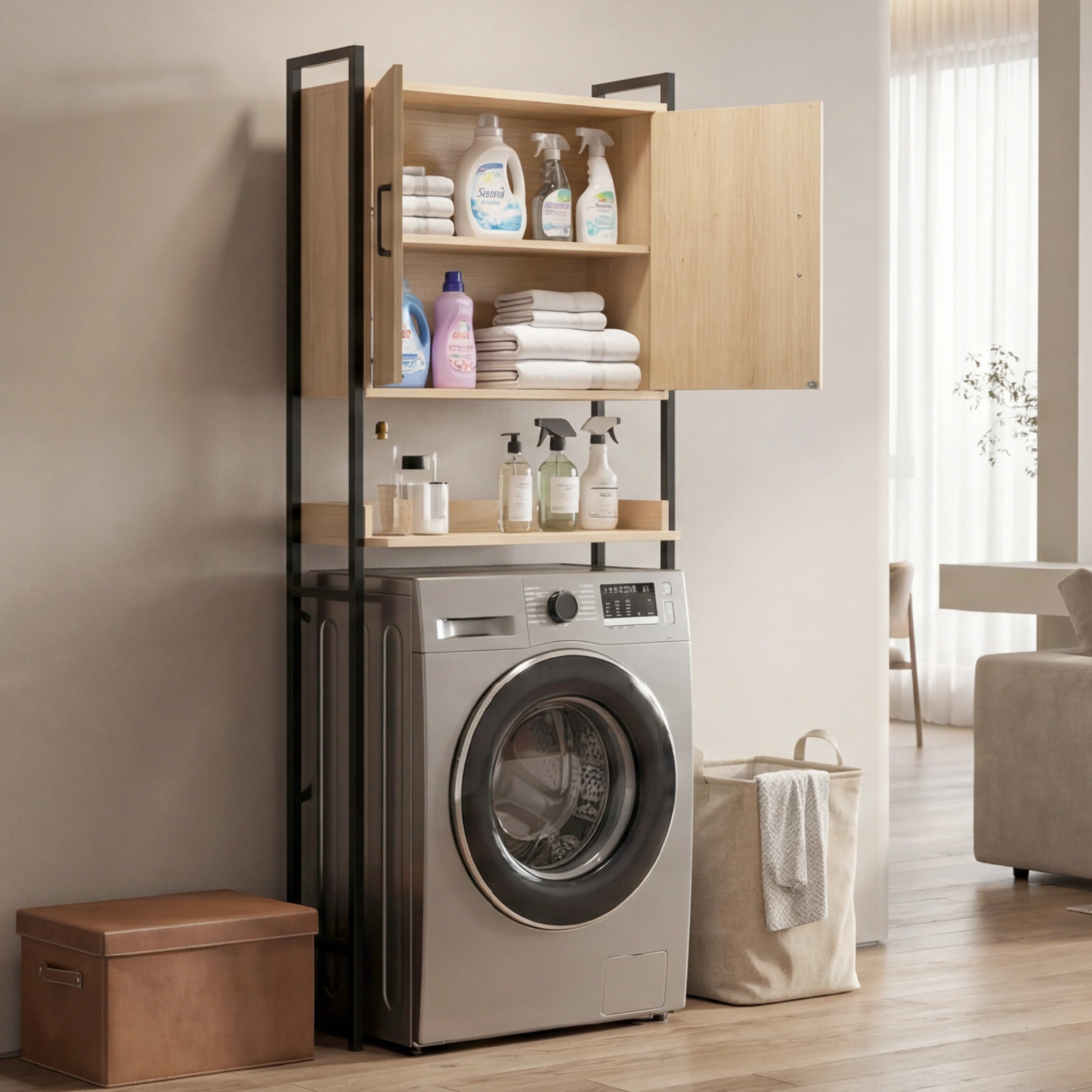Wood grain embossed design, MDF melamine veneer with square tubing, 64.5*30*171cm, double doors, one shelf, toilet cabinet view 9