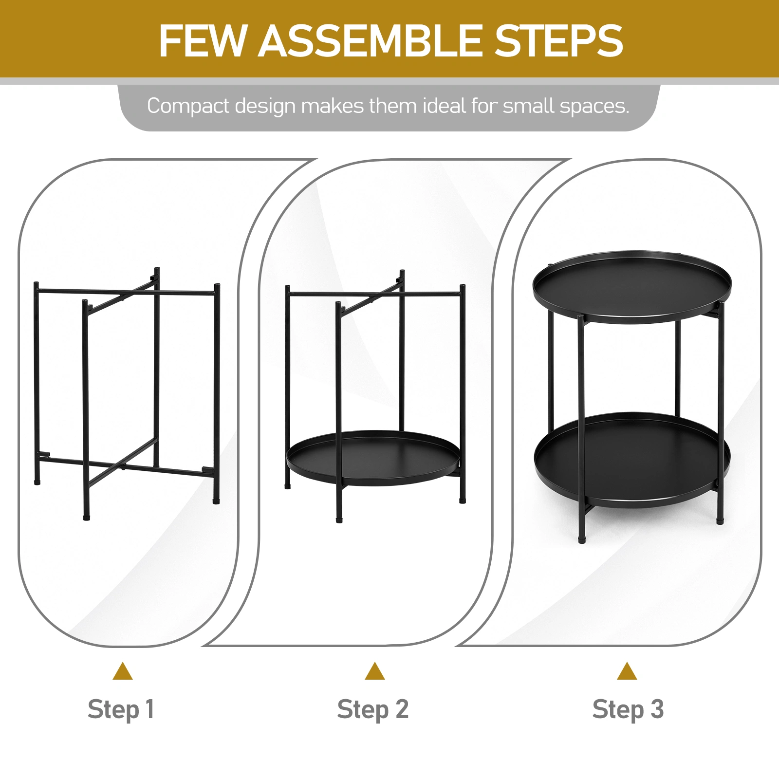 2-Tier Patio Side Table, Outdoor Metal Round Small Coffee Table with Removable Tray, Weather Resistant End Table for Indoor Outdoor Garden Balcony Yard, Black view 6