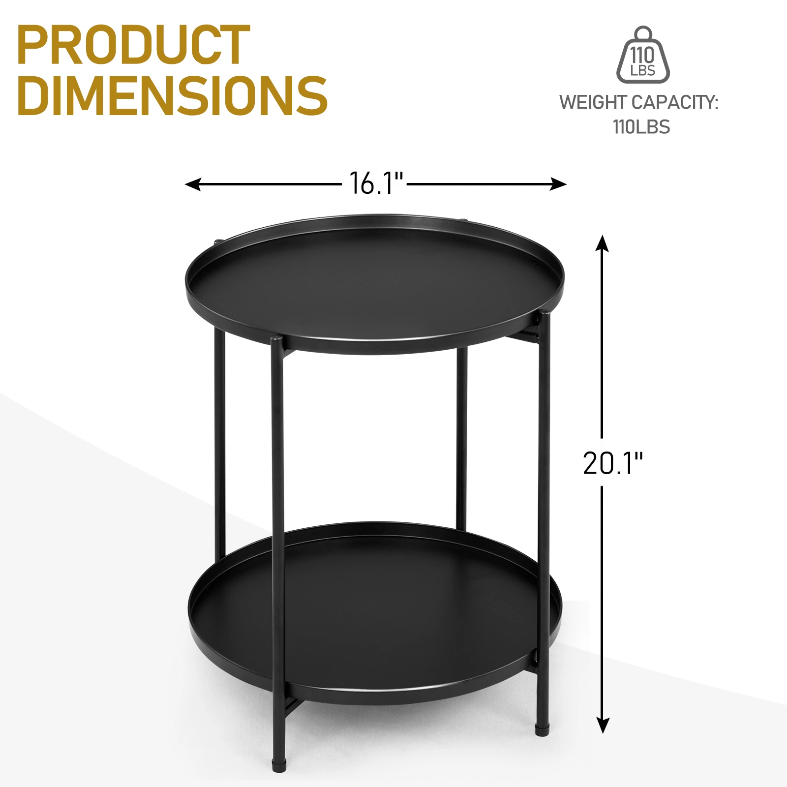 2-Tier Patio Side Table, Outdoor Metal Round Small Coffee Table with Removable Tray, Weather Resistant End Table for Indoor Outdoor Garden Balcony Yard, Black view 9