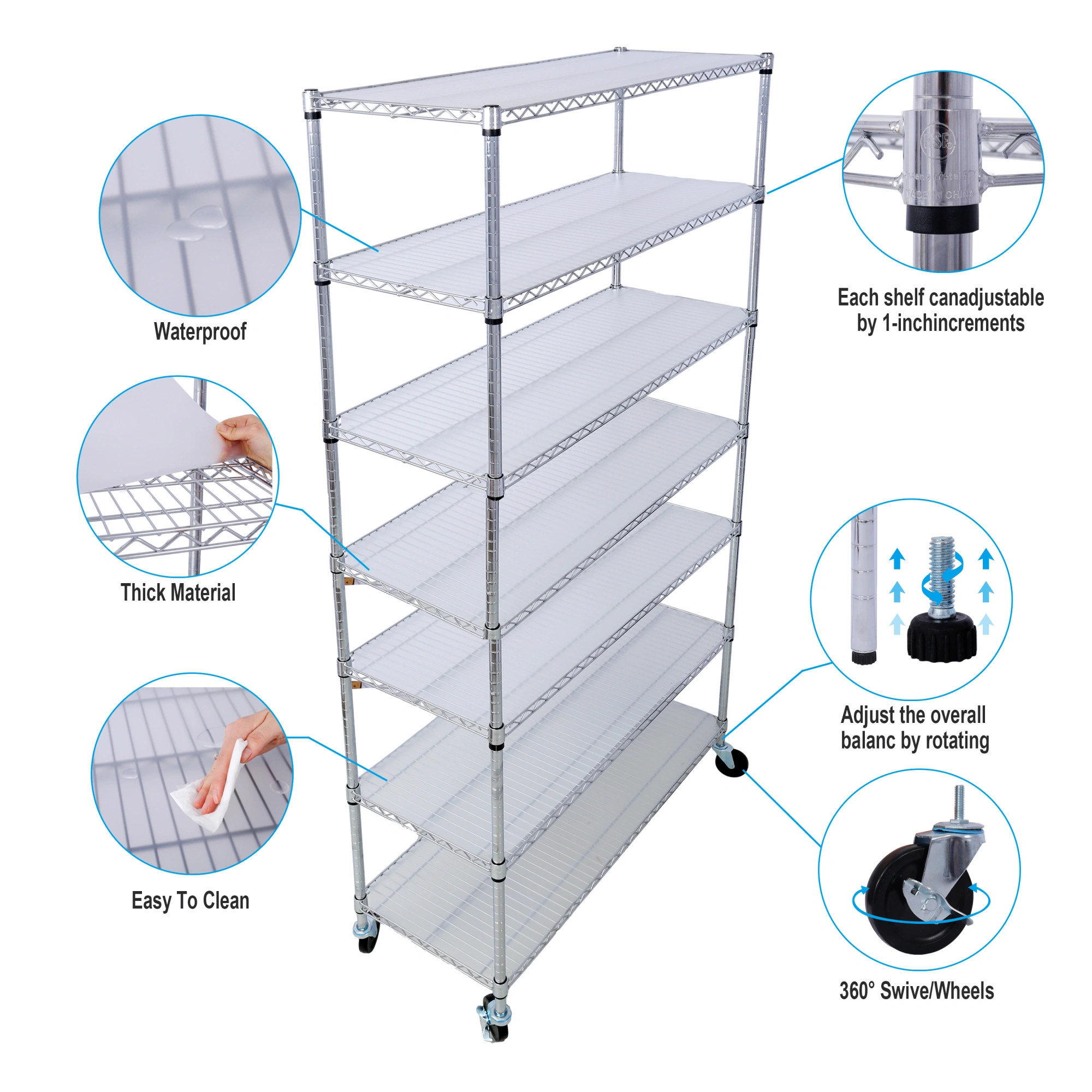 7-Tier Chrome Wire Shelving Unit, 2450lbs Heavy Duty Adjustable Storage Rack 81.5"H x 48"L x 18"D with Wheels & Shelf Liners view 10