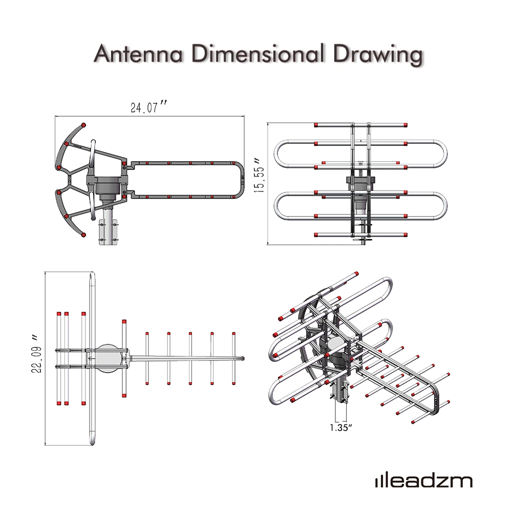 Leadzm TA-851B Dual Frequency 350° Rotation UV Antenna 45-860MHz 22-28dB Gain Silver Gray view 14