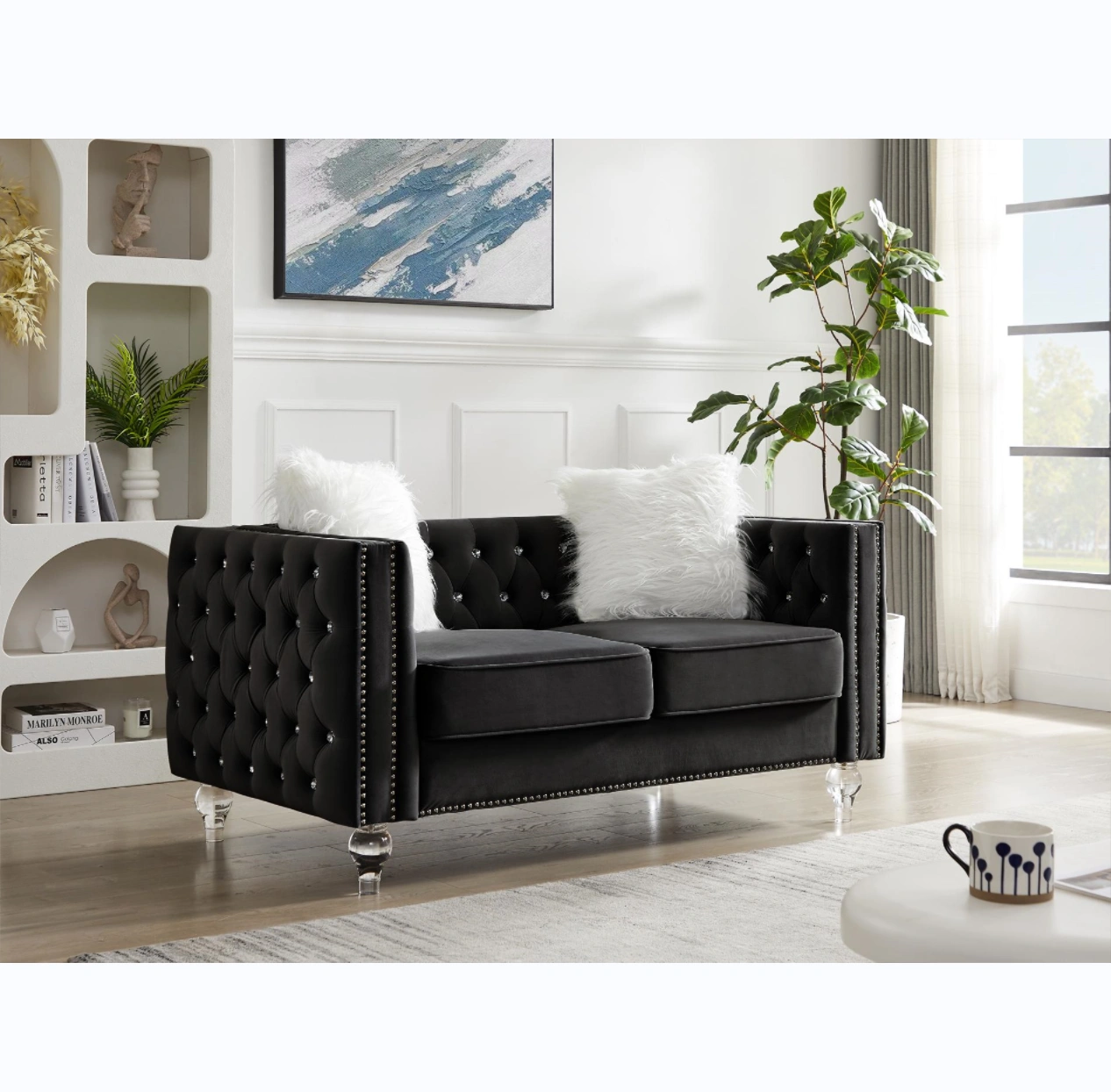 Black Velvet Loveseat Sofa 2-Seater Crystal Buckle Accent Couch with Removable Cushion & Crystal Legs,Includes 2 Plush Pillows view 2