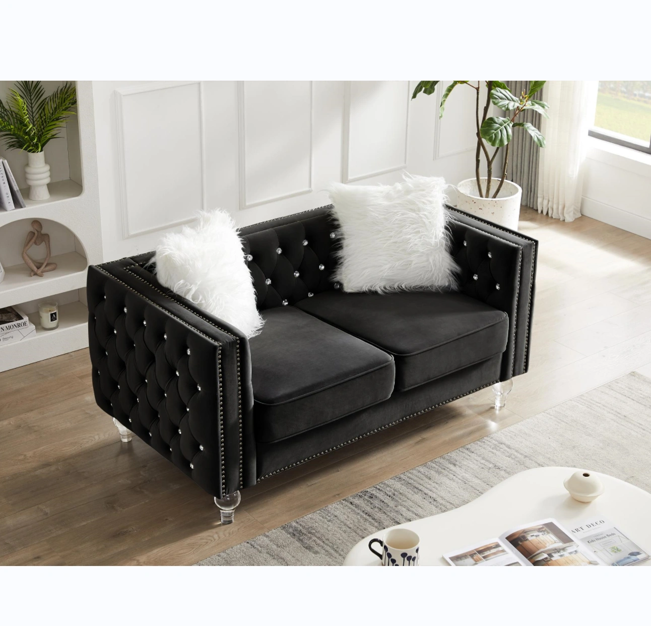 Black Velvet Loveseat Sofa 2-Seater Crystal Buckle Accent Couch with Removable Cushion & Crystal Legs,Includes 2 Plush Pillows view 3