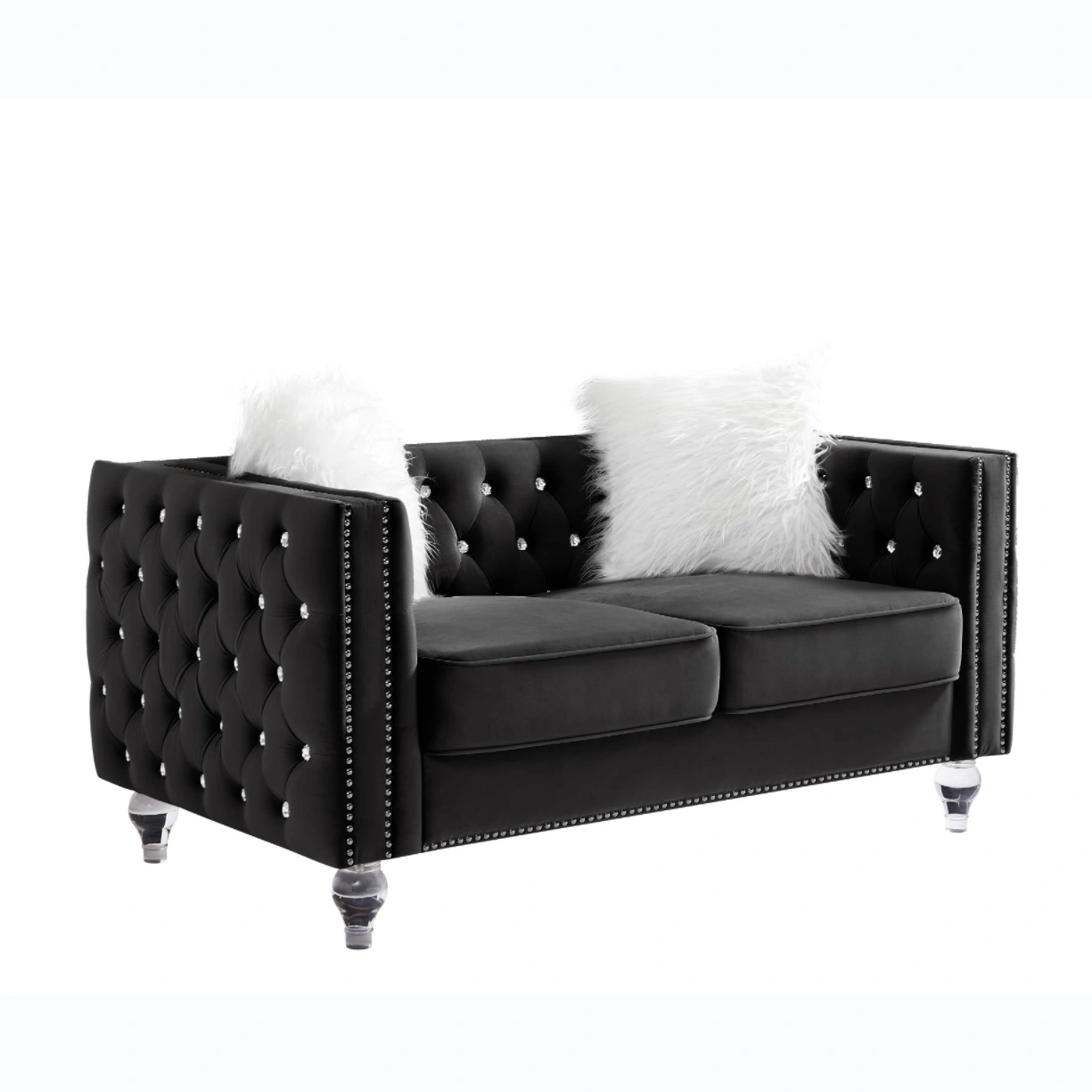 Black Velvet Loveseat Sofa 2-Seater Crystal Buckle Accent Couch with Removable Cushion & Crystal Legs,Includes 2 Plush Pillows view 4