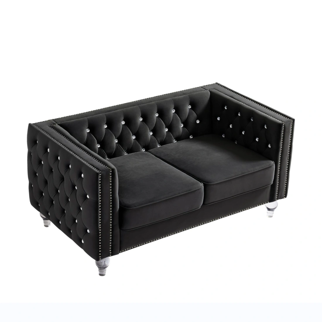 Black Velvet Loveseat Sofa 2-Seater Crystal Buckle Accent Couch with Removable Cushion & Crystal Legs,Includes 2 Plush Pillows view 5