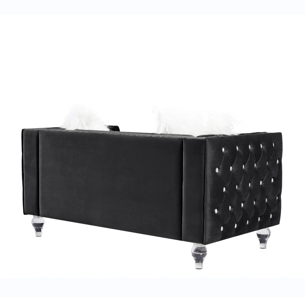 Black Velvet Loveseat Sofa 2-Seater Crystal Buckle Accent Couch with Removable Cushion & Crystal Legs,Includes 2 Plush Pillows view 6