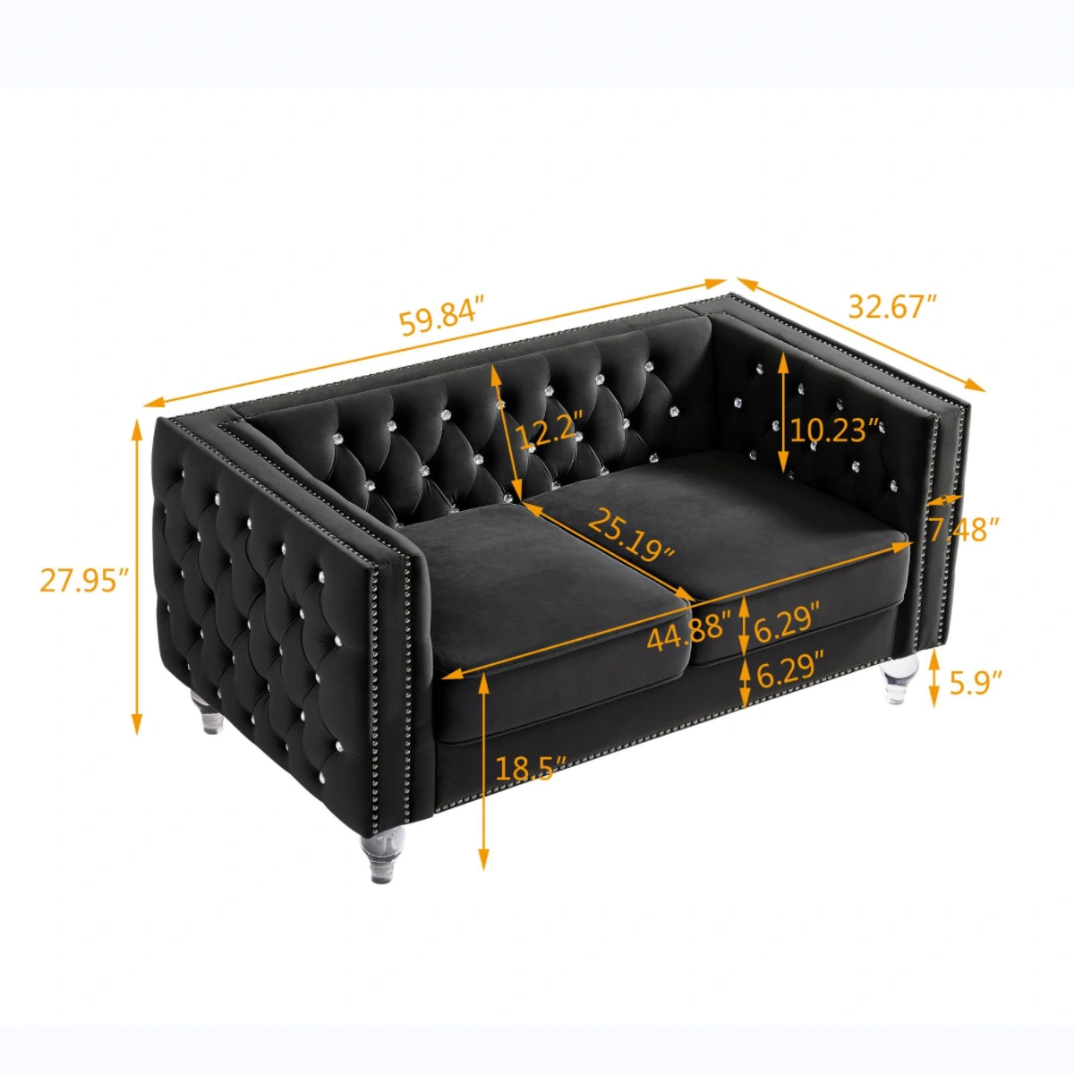 Black Velvet Loveseat Sofa 2-Seater Crystal Buckle Accent Couch with Removable Cushion & Crystal Legs,Includes 2 Plush Pillows view 7