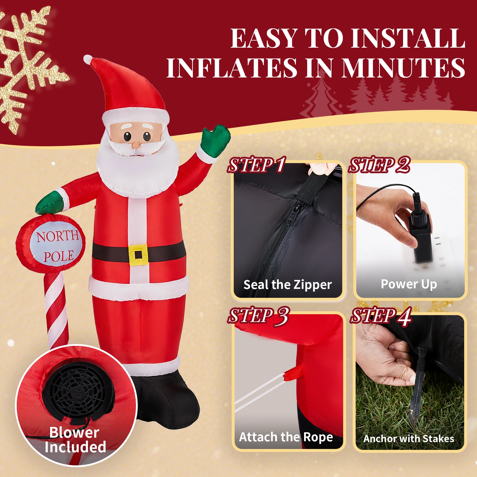 8.2FT Inflatable Christmas Santa with North Pole Sign, LED Lighted Blow Up Yard Decoration for Holiday Lawn Garden Party view 6