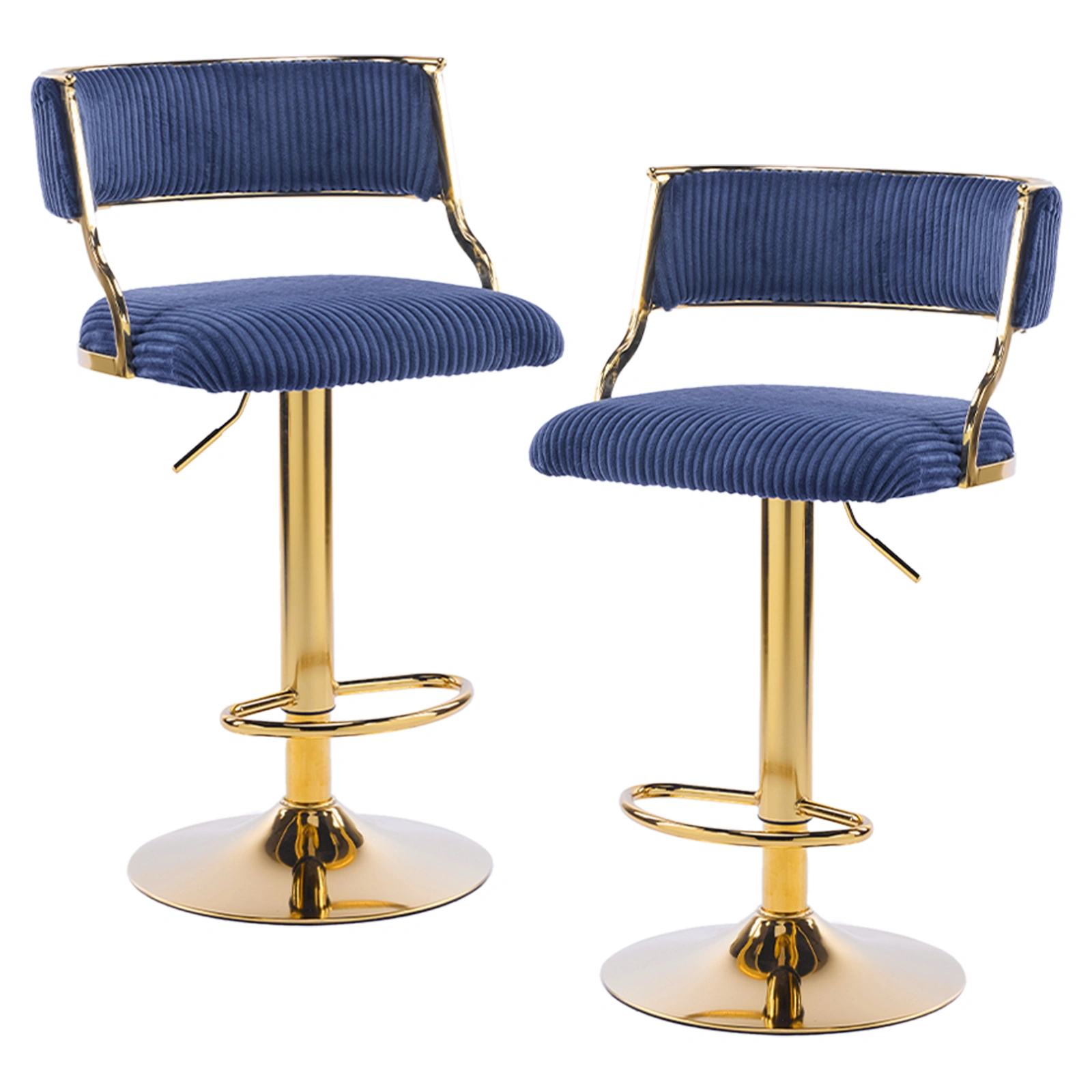 2Pcs Blue Corduroy Bar Stools Swivel Height Adjustable, Gold Trumpet Base Gas Lift Counter Stools