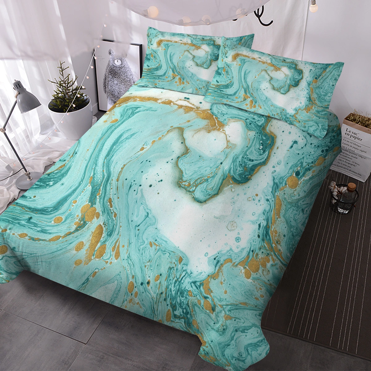 Chic Girly Marble Duvet Cover Double Mint Gold Glitter Turquoise Aqua Teal Blue Abstract Comforter Set