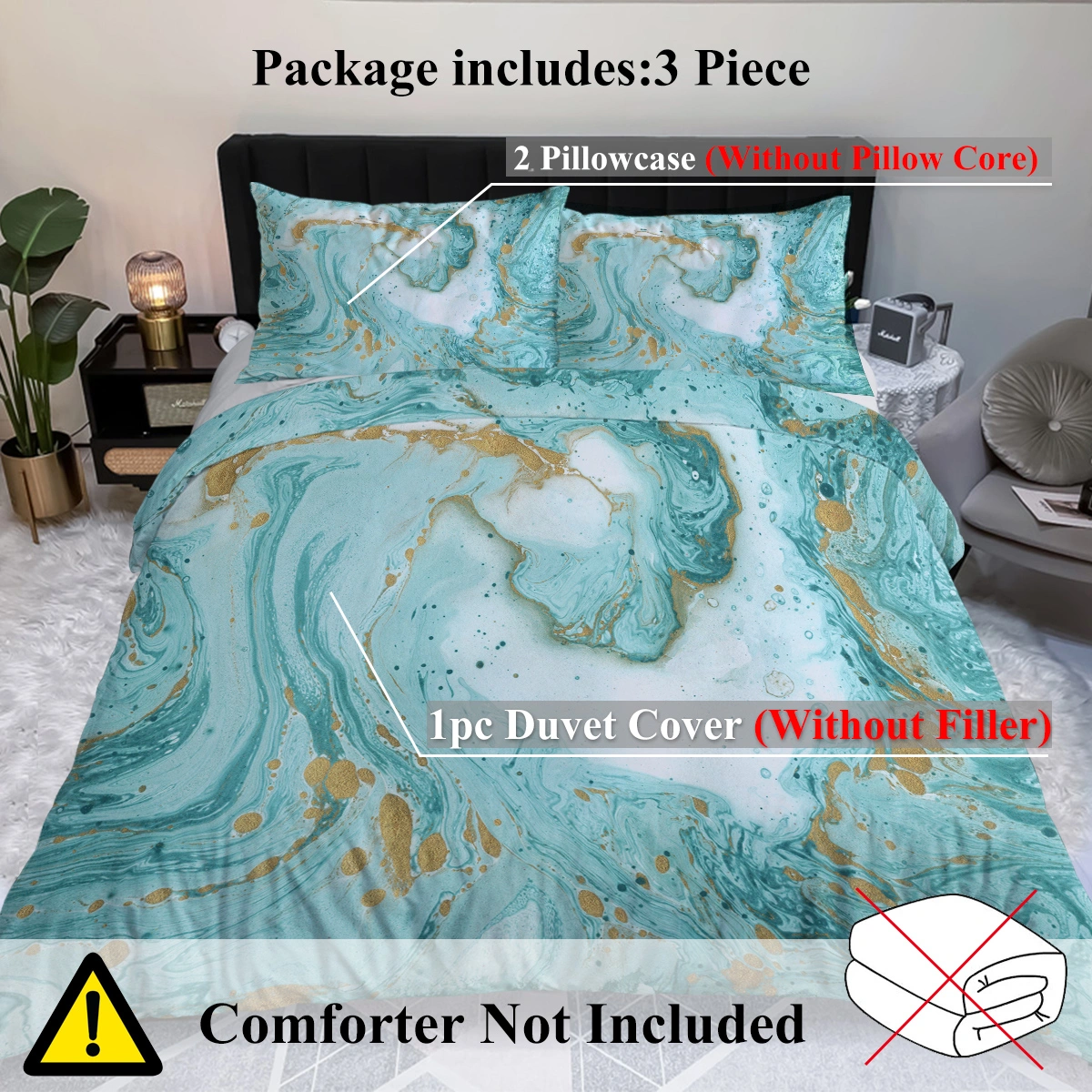 Chic Girly Marble Duvet Cover Double Mint Gold Glitter Turquoise Aqua Teal Blue Abstract Comforter Set view 4