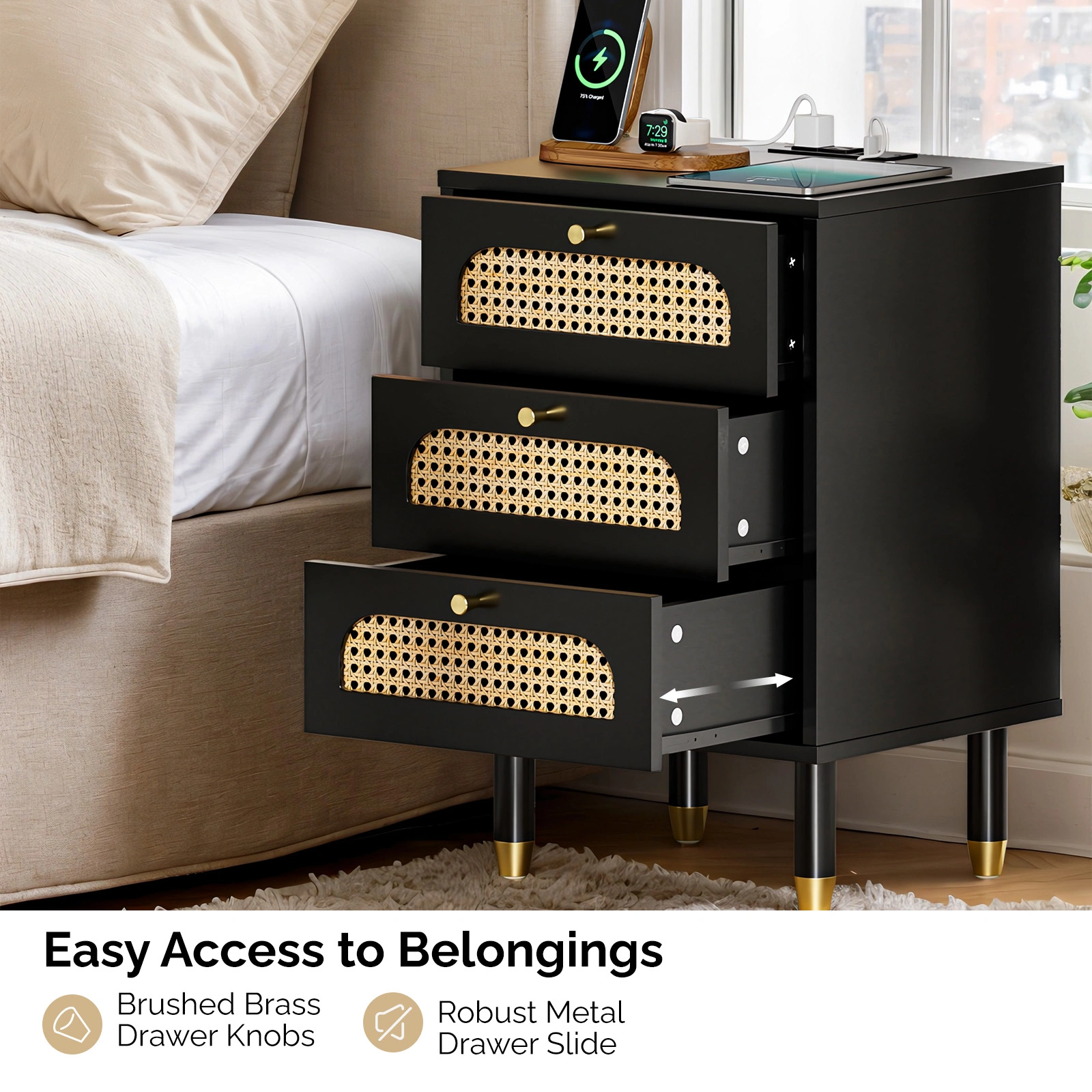 3-Drawer Nightstand with Woven Rattan Fronts and Built-in Power Outlet 15.75"*13.78"*23.82" Black view 10